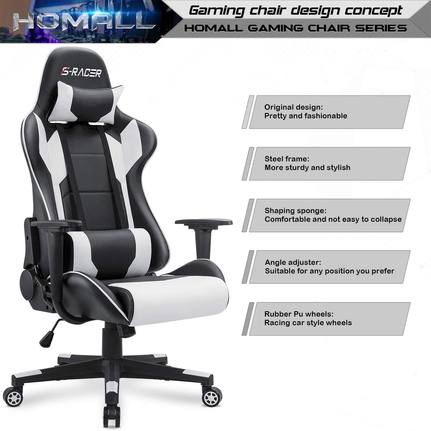 Homall Gaming Chair, Office Chair High Back Computer Chair Leather Desk Chair Racing Executive Ergonomic Adjustable Swivel Task Chair with Headrest and Lumbar Support (White)