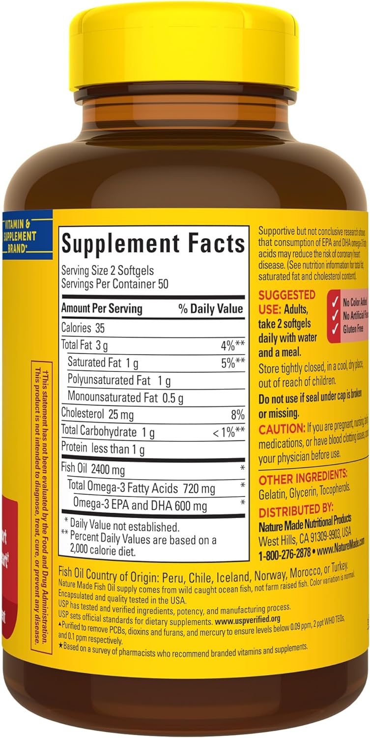 Nature Made Fish Oil 1200 mg Softgels, Fish Oil Supplements, Omega 3 Fish Oil for Healthy Heart Support, Omega 3 Supplement with 100 Softgels, 50 Day Supply