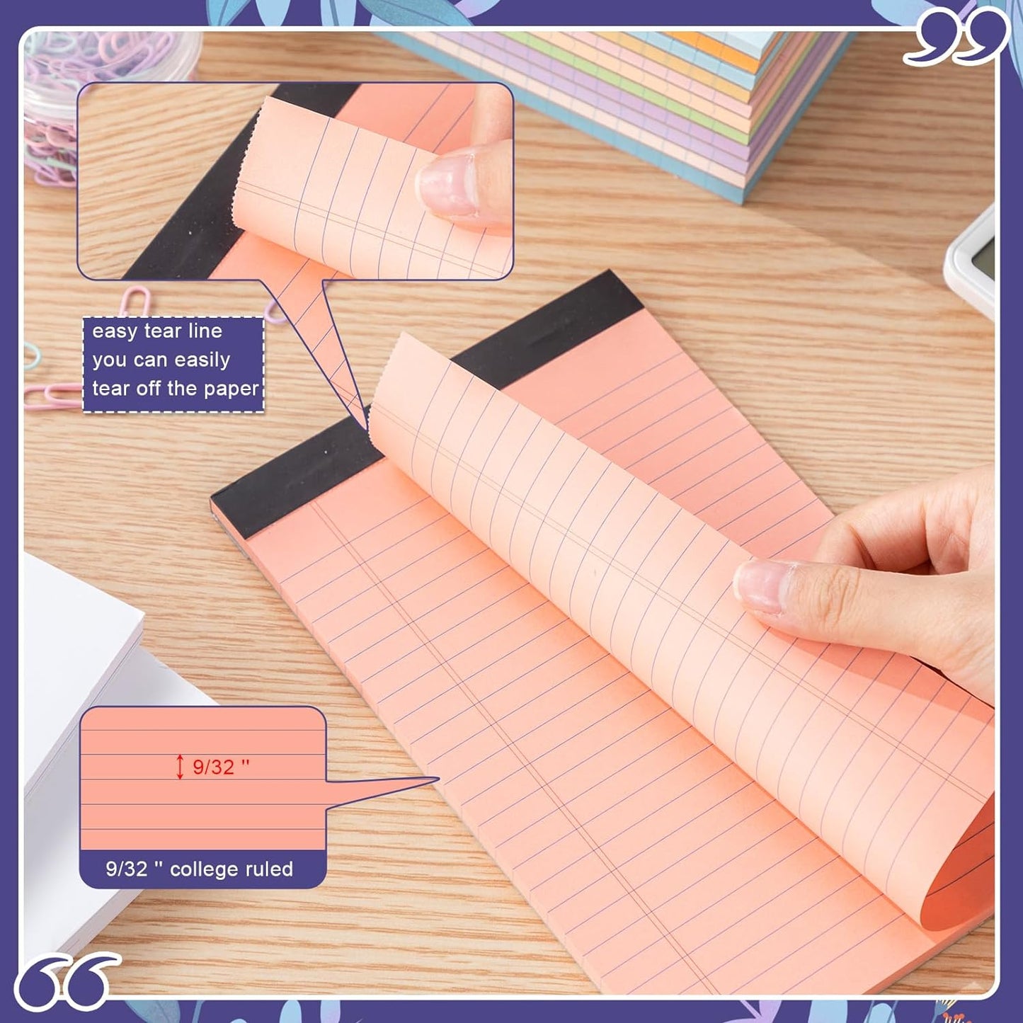 Lincia 24 Pcs 5" x 8" Mini Legal Pads College Ruled 50 Sheets Per Notepad Micro Writing Pads Perforated Note Pads Lined Note Paper for College Office Professional (Bright Colors)