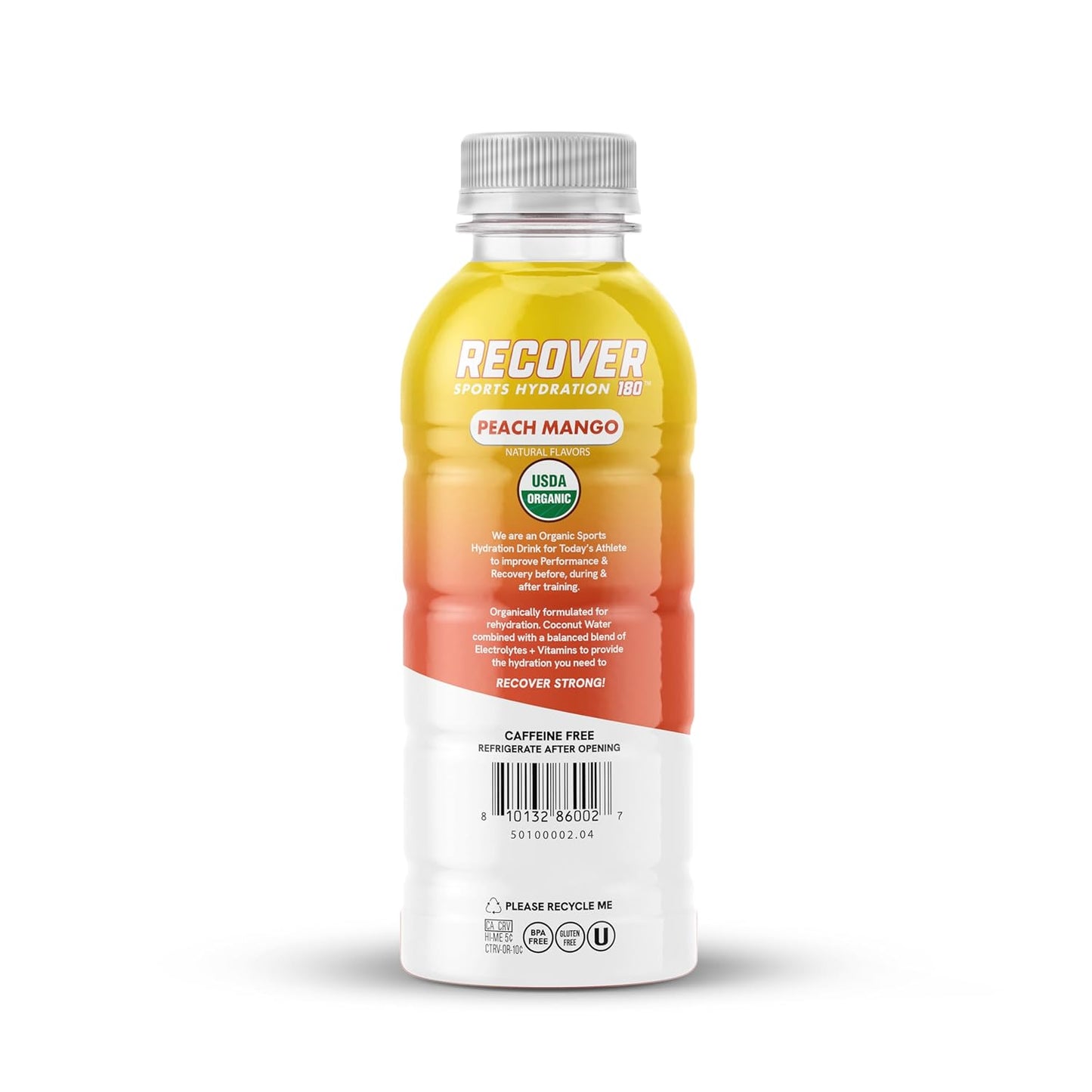 RECOVER 180 Organic Hydration Sports Drink, No Sugar Added, 15 Calorie Sports Beverage, Organic Flavors With Vitamins, Potassium-Packed Electrolytes (16.9 Fl Oz (Pack of 12), Peach Mango)