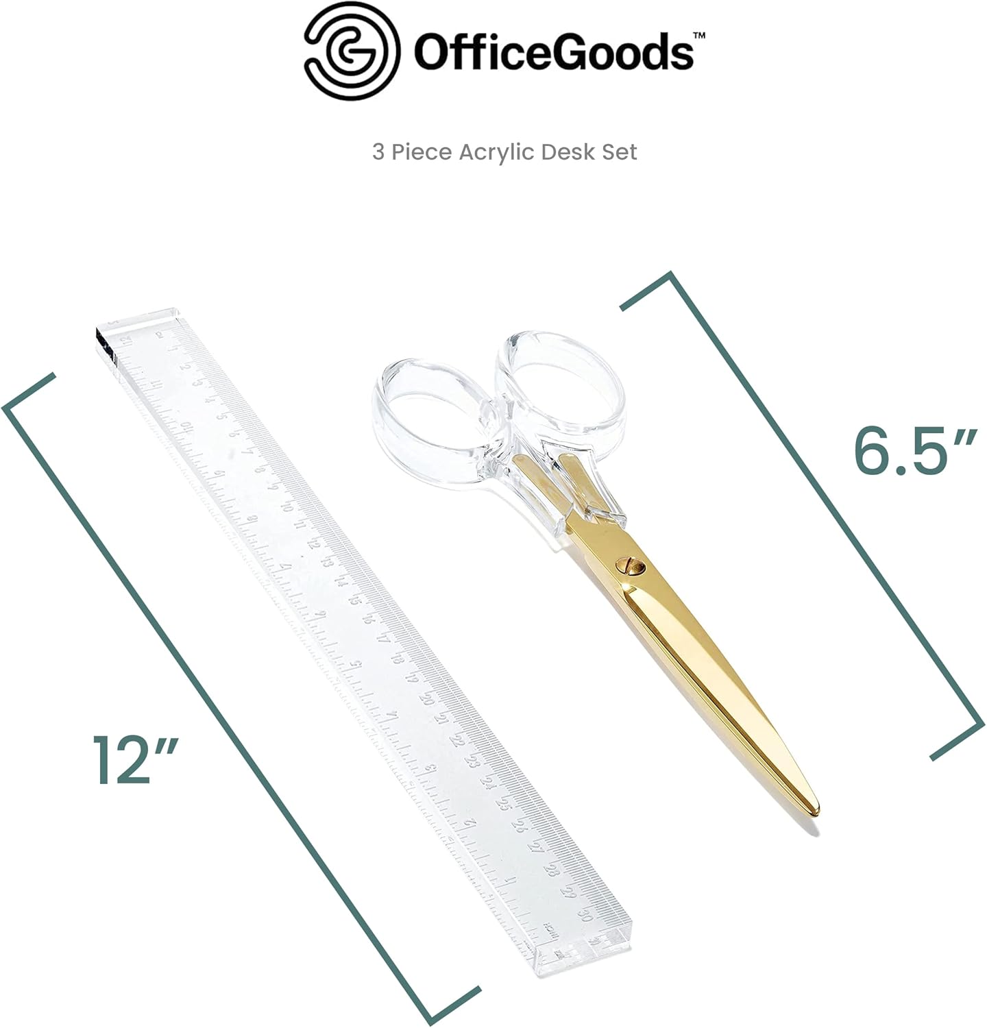 OfficeGoods 3 Piece Acrylic Desk Set - Includes Ruler, Staple Remover, Scissors - Functional & Elegant Desk Accessories - Stationary Tools for Home, Office, and School - Gold