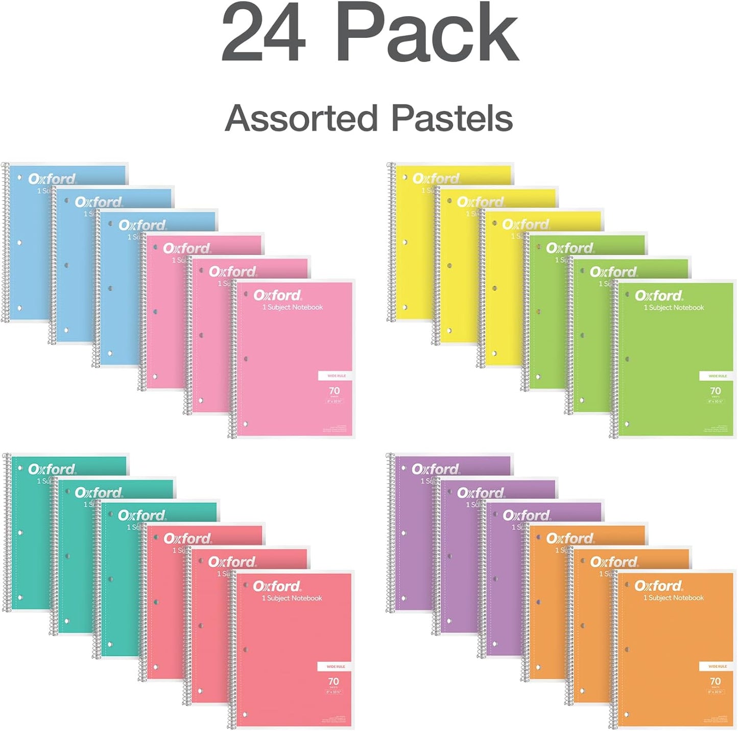 Oxford Spiral Notebook Wide Ruled - 24 Pack - 1 Subject Notebooks for School - 8 x 10-1/2 Inch - 8 Pastel Colors Included - 70 Sheets