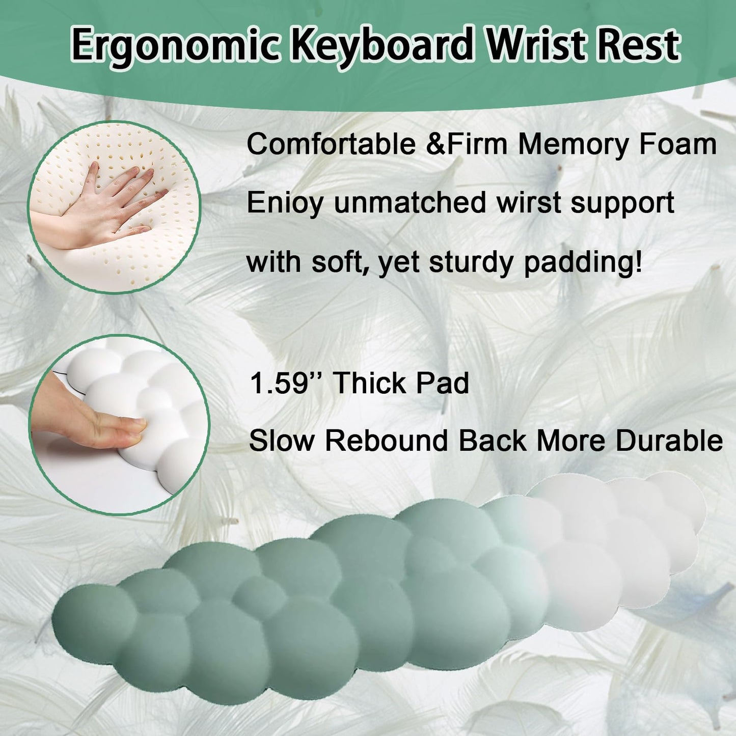 Keyboard Wrist Rest Pad, Ergonomic Design Effective Wrist Pain Relief Arm Rest Desk, Cute Cloud Decoration Gift for Office, Study, Computer Game Table Mouse Accessories (Green+White)