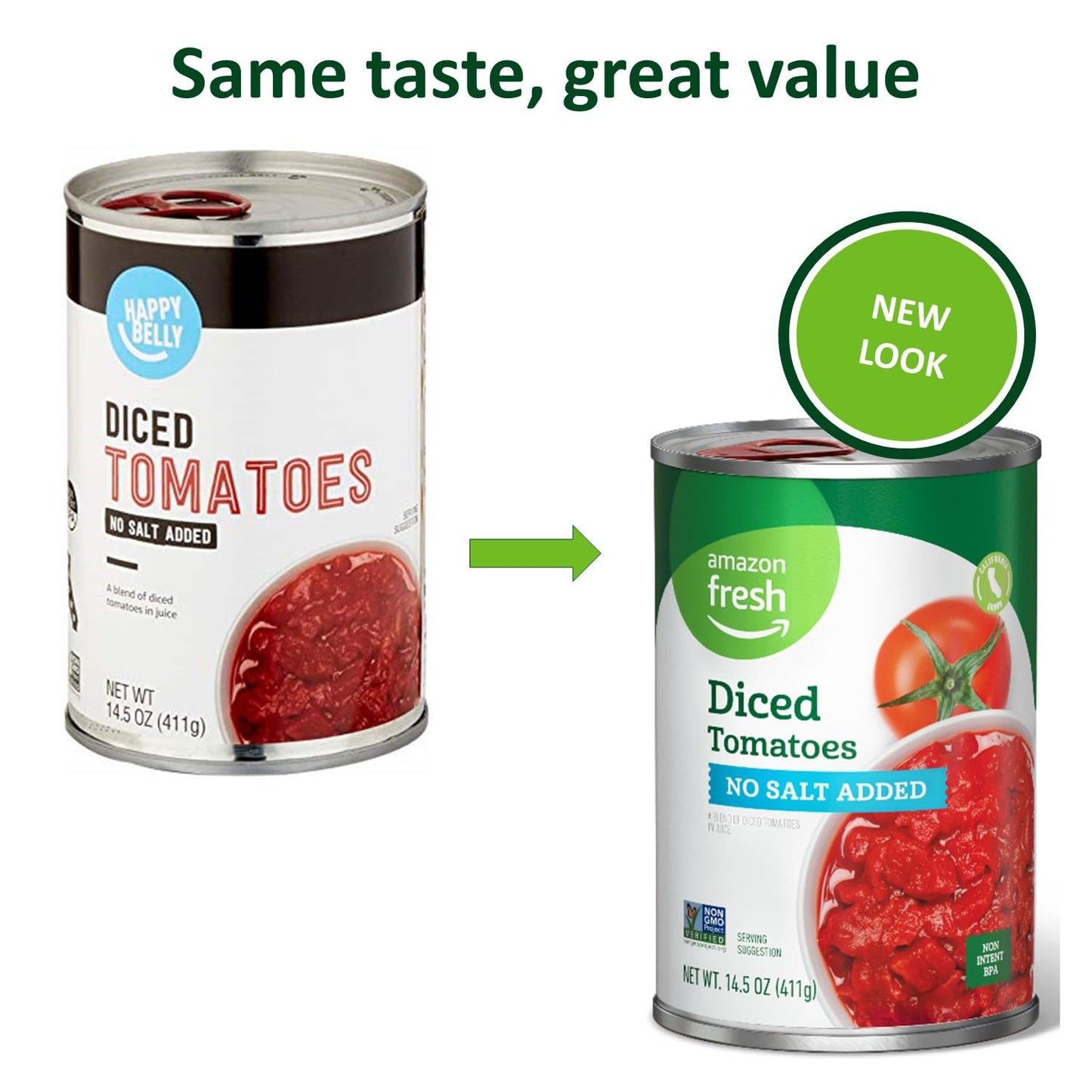 Amazon Fresh, Diced Tomatoes, No Salt Added, 14.5 Oz (Previously Happy Belly, Packaging May Vary)