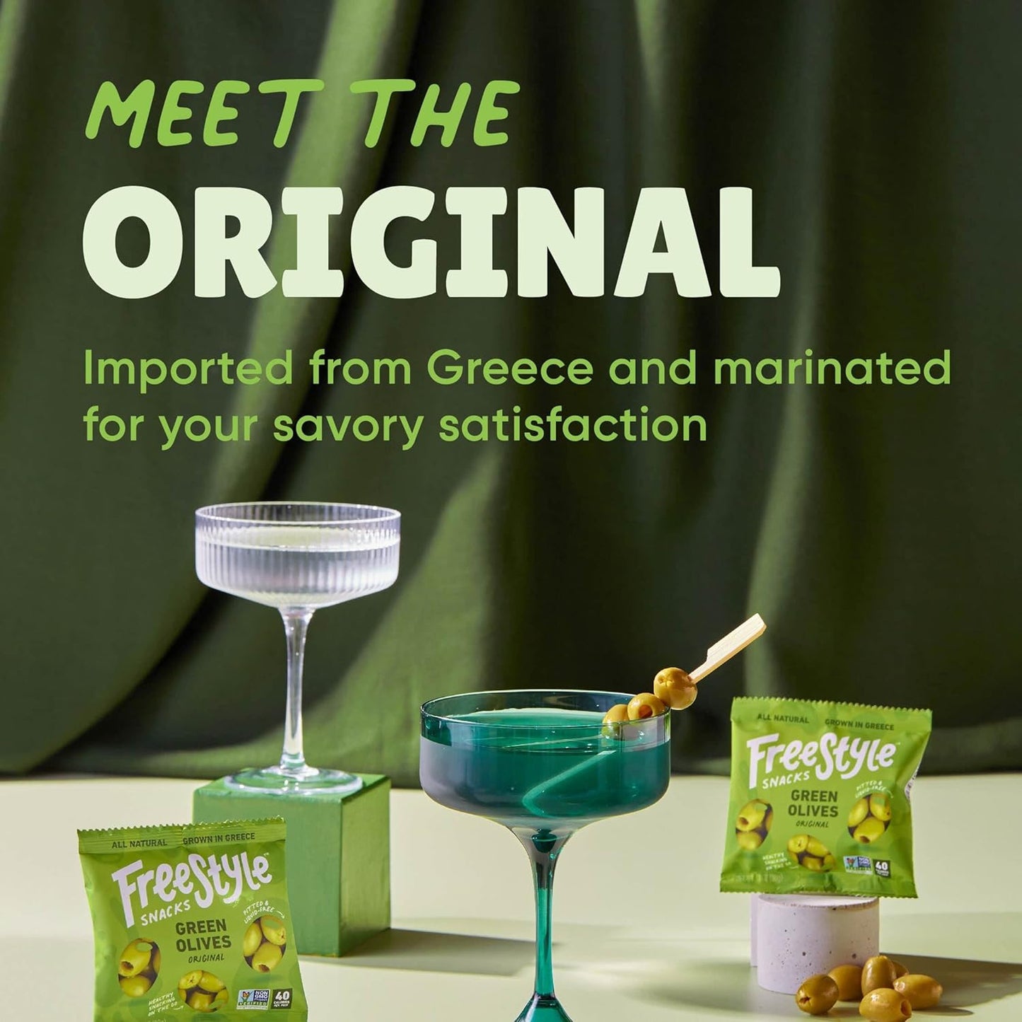 Freestyle Snacks Olive Snack Packs - Single Serve - Fresh Pitted Green Olives, Jumbo-Sized, Grown in Greece, All Natural, Non-GMO, Paleo, Sugar-Free, Keto, Salty Snack - Original, 1.1oz (6 Pack)