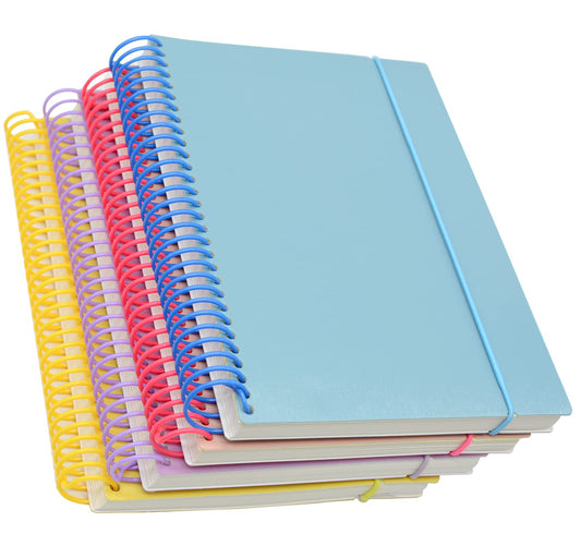 Large Spiral Notebook With Bandage, 4 Pcs 10.2 Inch x 7.28 Inch B5 Thick Plastic Hardcover 8mm Ruled 150 Sheets (300 Pages) Journals for Study and Notes (4 Pcs Blue Pink Yellow Purple)