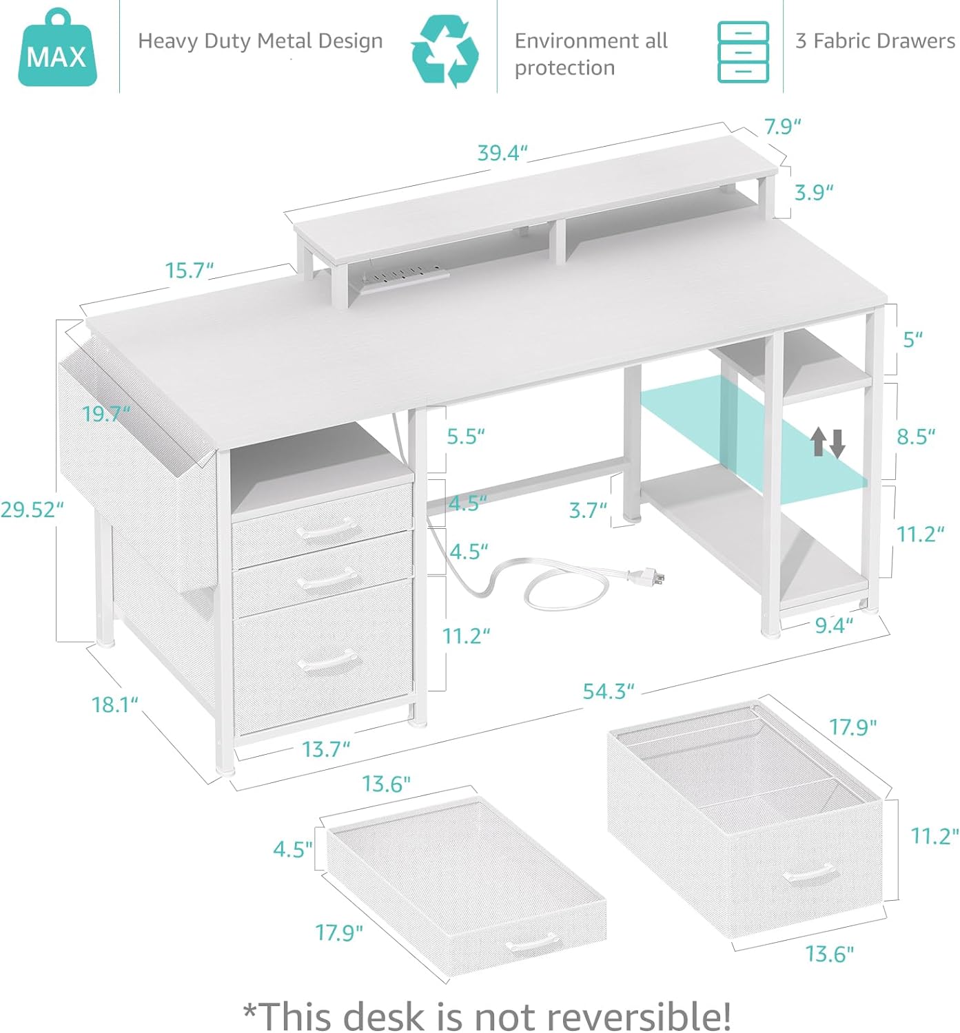 Lufeiya White Computer Desk with File Drawers Cabinet, 55 Inch Home Office Desk with Monitor Stand Shelves, Writing Study Gaming Desks with Led Lights and Power Outlets for Bedroom, White