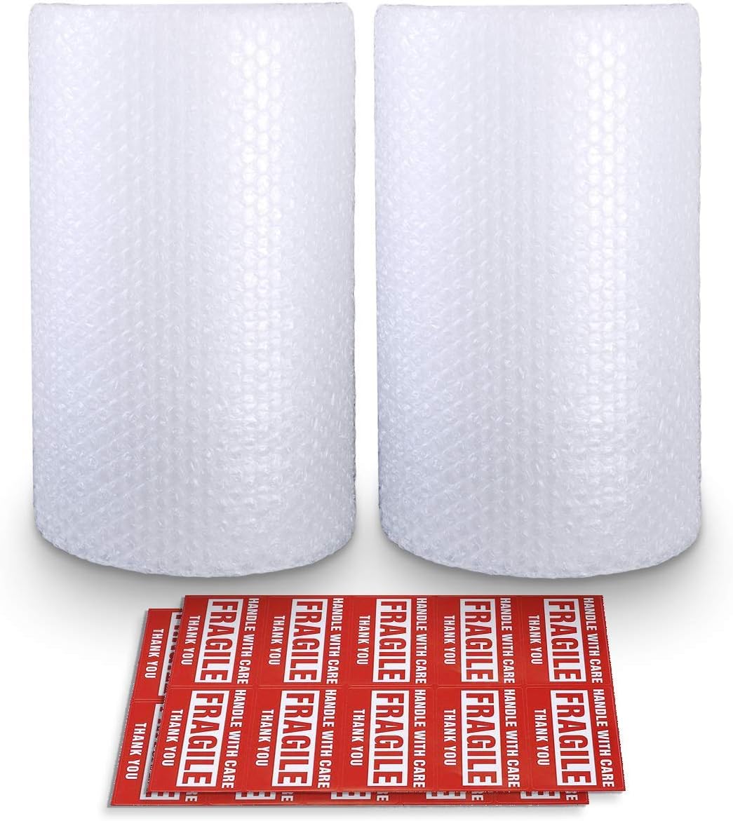 2-Pack Bubble Cushioning Nylon Wrap Rolls, 3/16" x 12" x 72' ft Total, Perforated Every 12", 20 Fragile Stickers for Packaging, Shipping, Mailing