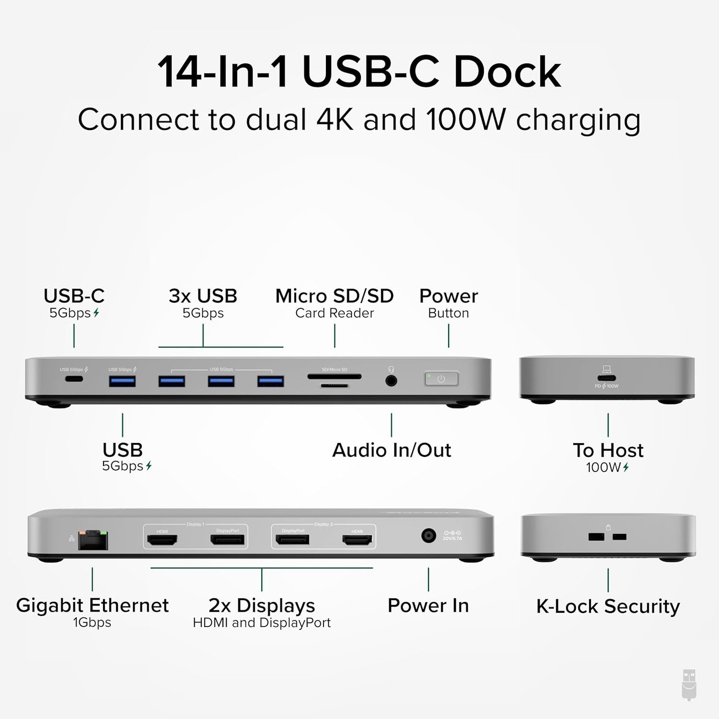 Plugable USB C Laptop Docking Station, Dual Monitor 4K 60Hz for Apple Mac M1/M2/M3, 2X HDMI or 2X DisplayPort, 100W Charging DisplayLink Dock, 2 Displays for MacBook, Driver Required (UD-6950PDH)