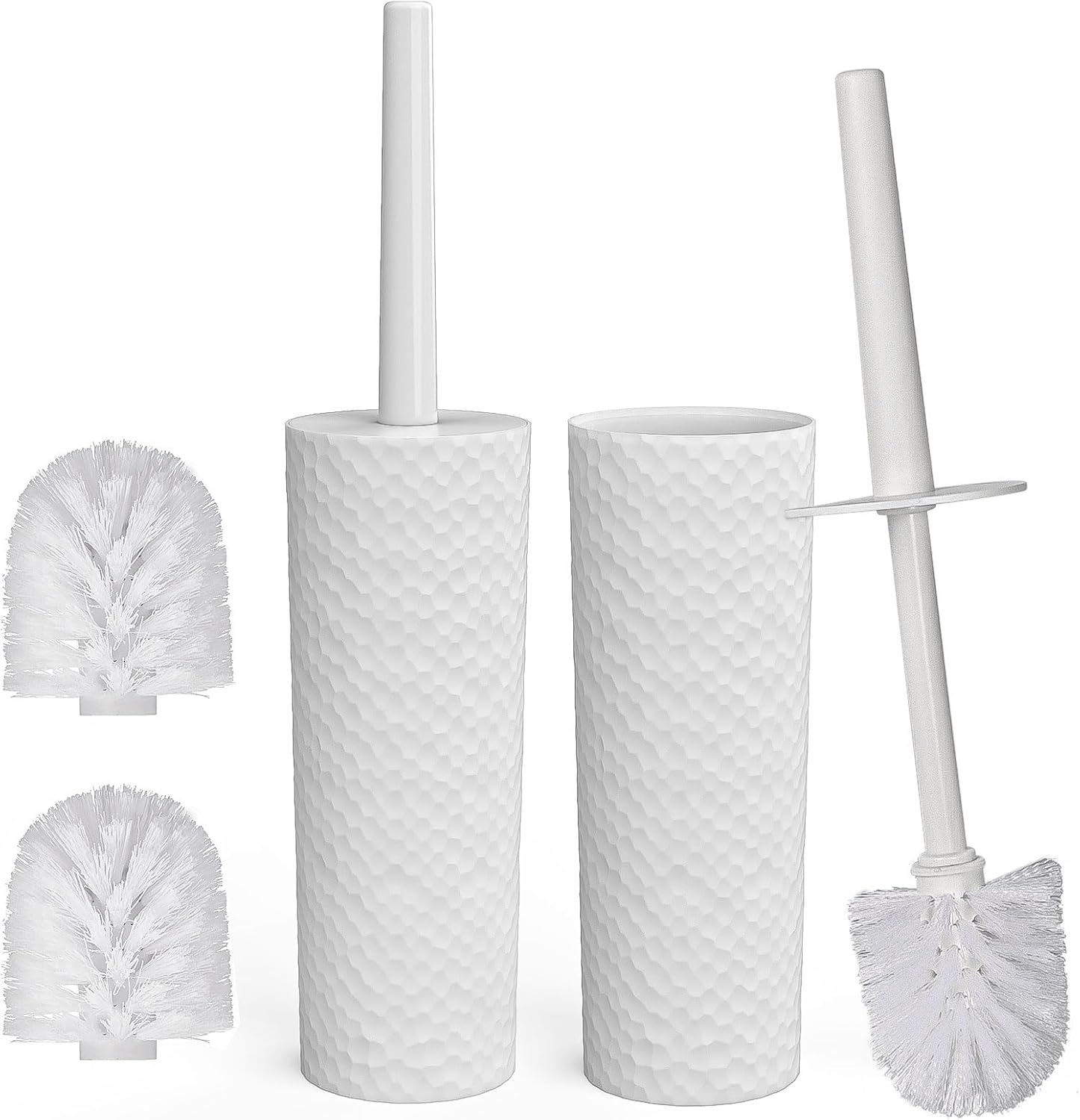 Topsky Toilet Brush,2 Pack Compact Toilet Brush & Holder Set,Plastic Round Barrel Loo Brush with 2 Replacement Toilet Brush Head,Durable for Bathroom Toilet,White