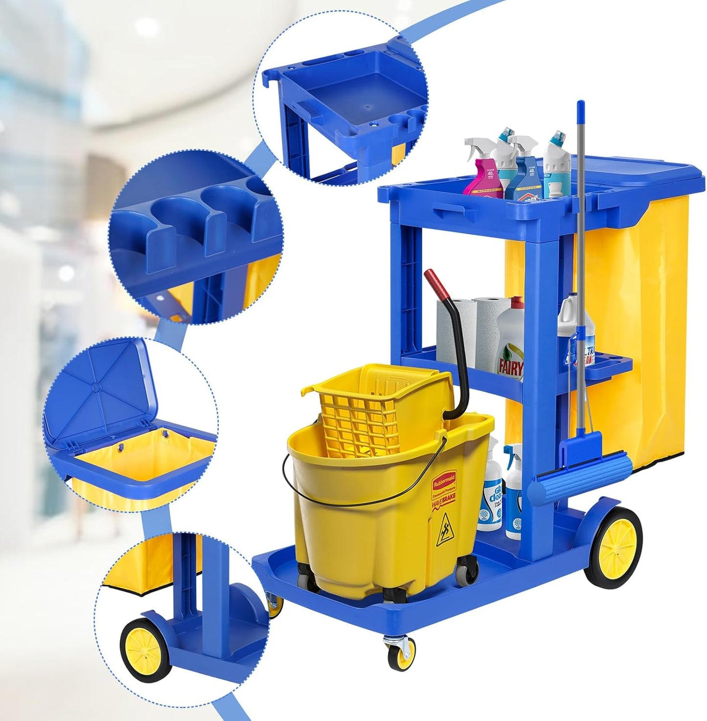 Commercial Janitorial Cart 3 Shelf, Housekeeping Janitor Cleaning cart, 200 Lbs Large Capacity Janitorial cart, Wheeled with 22 Gallon Yellow Vinyl Bag and Cover lid, Blue