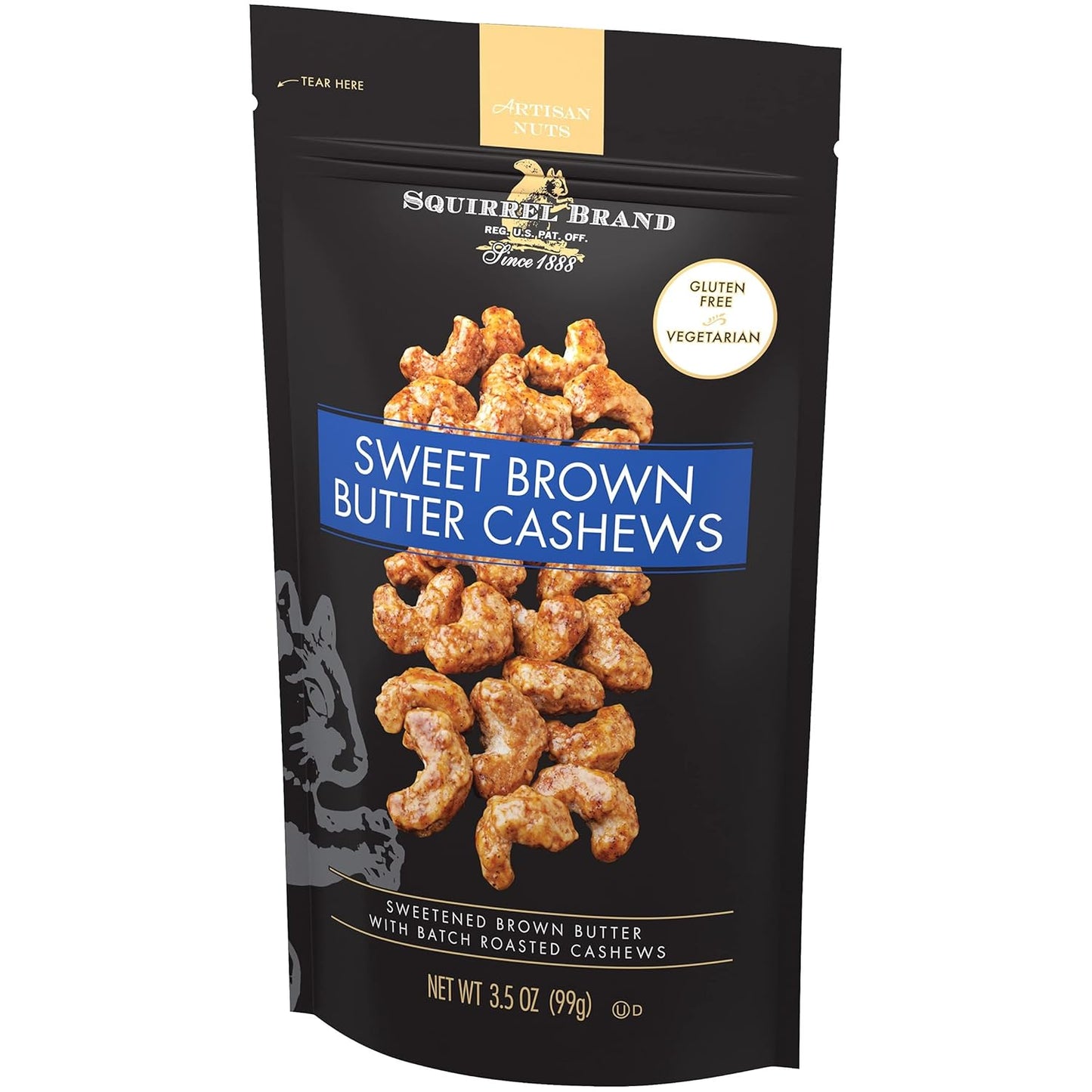 Squirrel Brand Sweet Brown Butter Cashews, 3.5 Ounces Resealable Bag, Gluten Free, Vegetarian