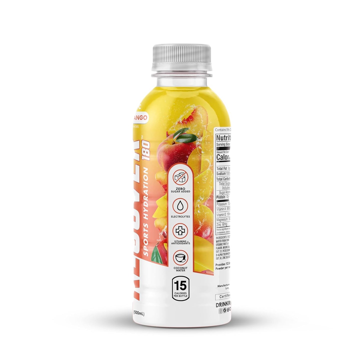 RECOVER 180 Organic Hydration Sports Drink, No Sugar Added, 15 Calorie Sports Beverage, Organic Flavors With Vitamins, Potassium-Packed Electrolytes (16.9 Fl Oz (Pack of 12), Peach Mango)