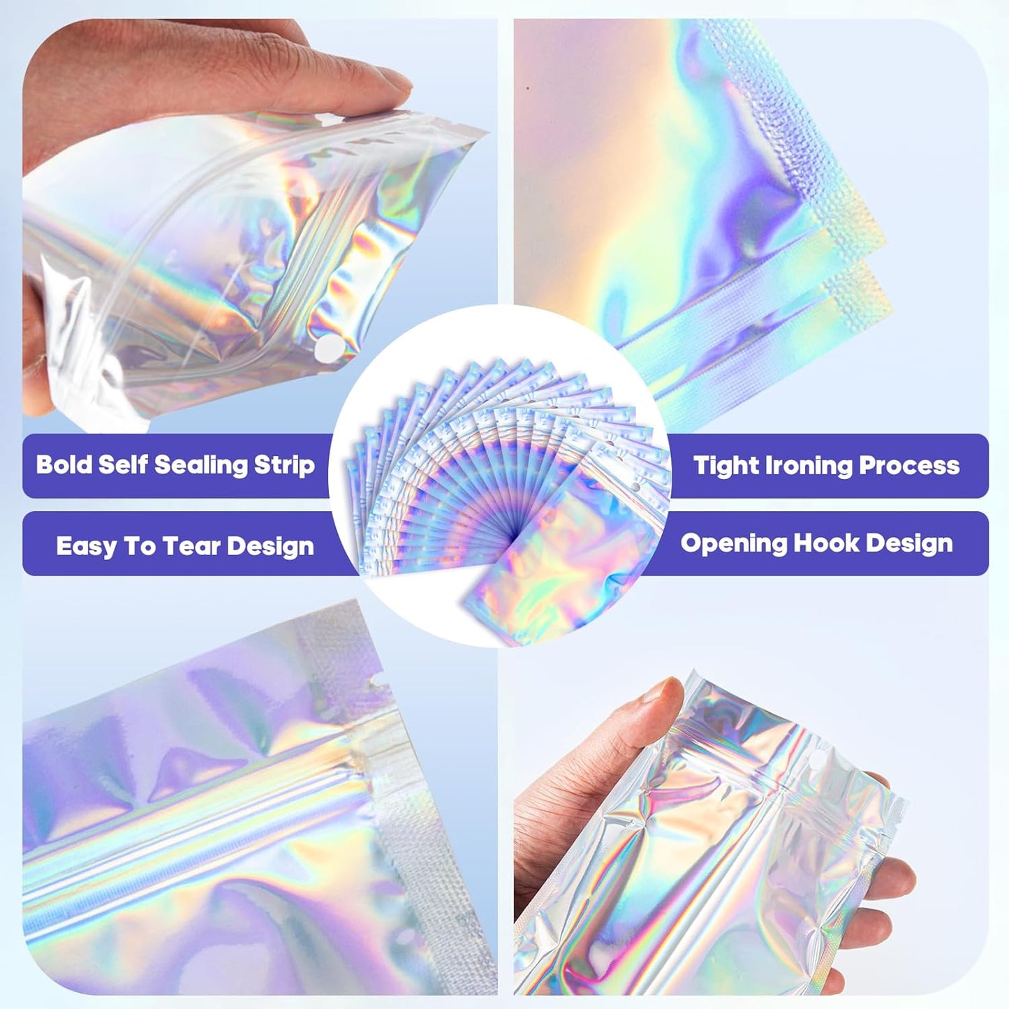 100Pcs Holographic Packaging Bags, 3x4 inch Resealable Foil Pouch Mylar Sample Bag Great for Small Business and Party Favor Food Storage……