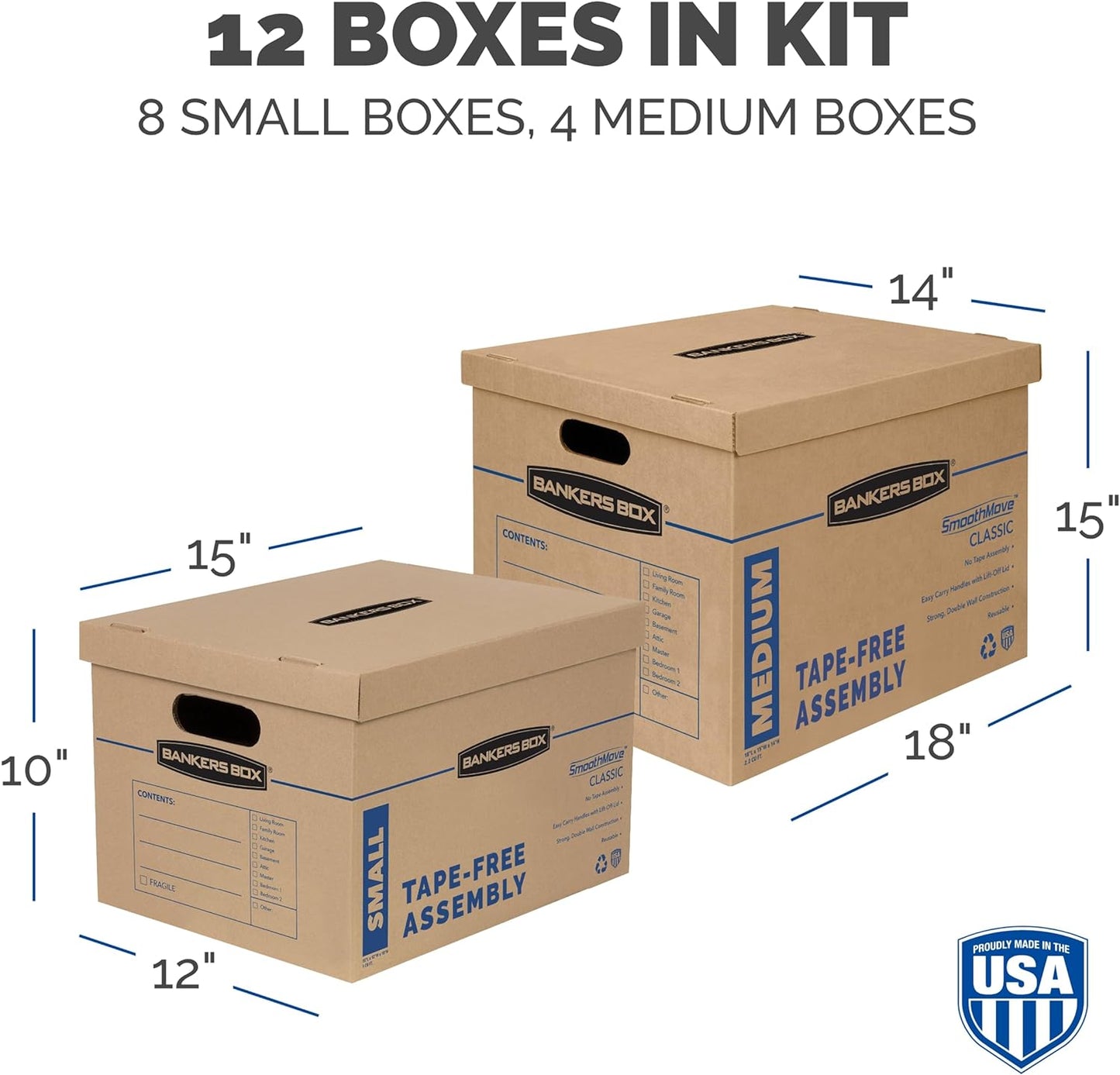 Bankers Box Classic Moving Box 12 Pack Kit, Reinforced Handles, Tape-Free Assembly, Box with Lid, 8 Small and 4 Medium Boxes (7716401)