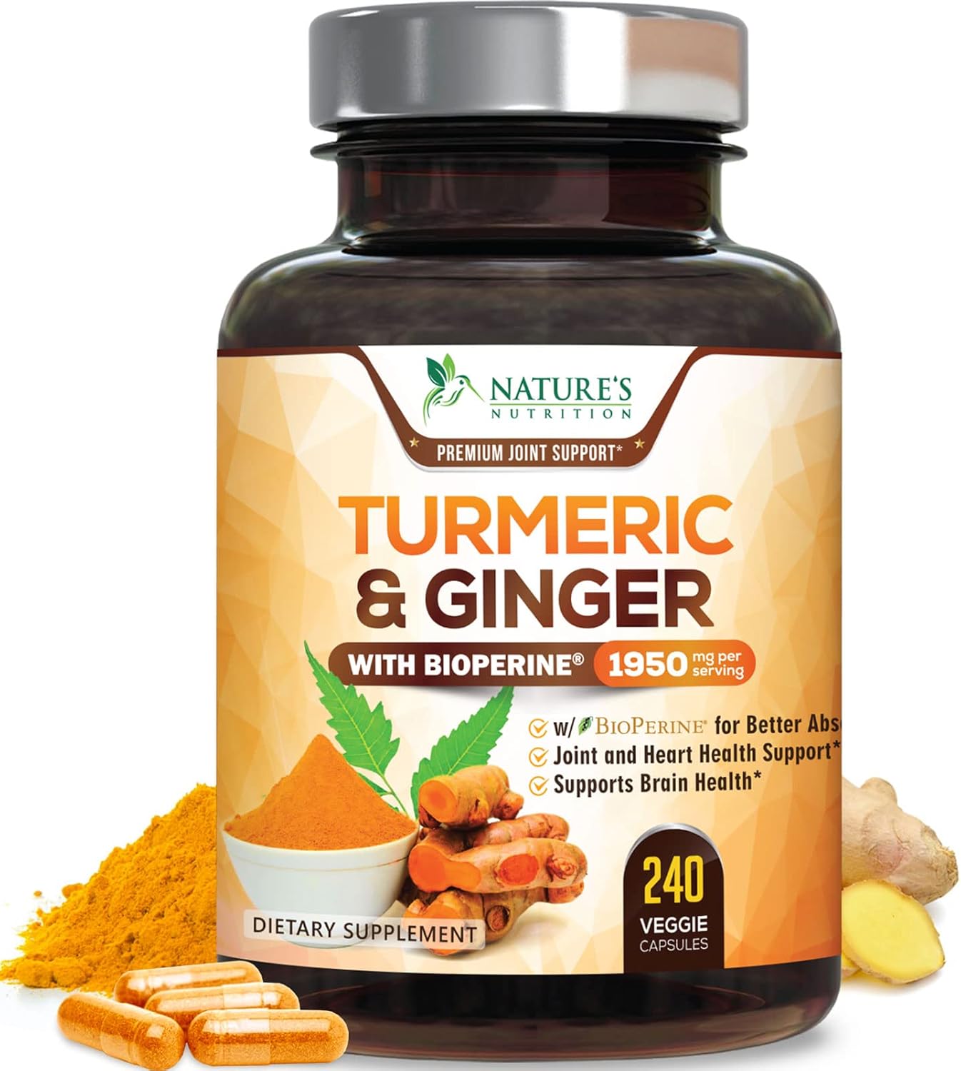 Turmeric Curcumin with BioPerine & Ginger 95% Curcuminoids 1950mg - Black Pepper Extract for Max Absorption, Nature's Joint Support Supplement, Herbal Turmeric Pills, Vegan Non-GMO - 240 Capsules