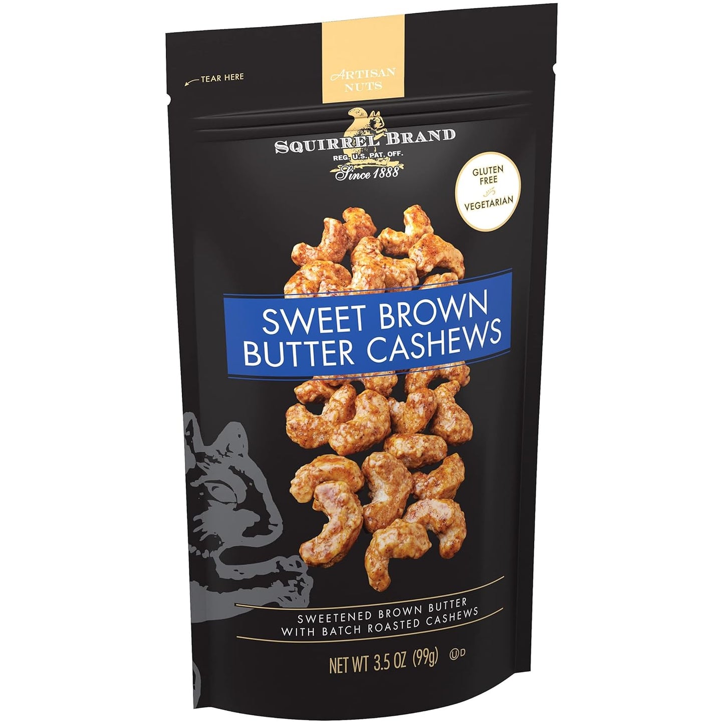 Squirrel Brand Sweet Brown Butter Cashews, 3.5 Ounces Resealable Bag, Gluten Free, Vegetarian