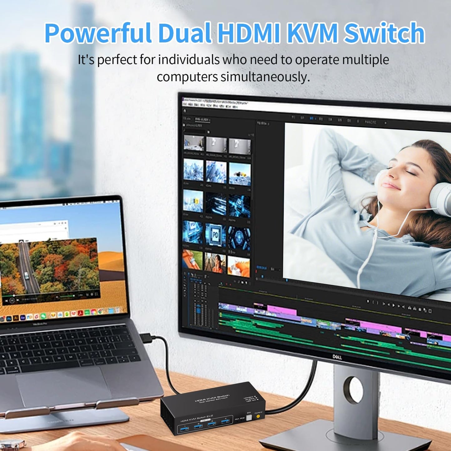 Dual KVM Switch HDMI KVM Switcher 2 Monitors 2 Computers, HDMI 2 Ports USB 3.0 4 Ports KVM Selector 4K 60Hz HDMI Switches 2 PC or 2 Laptops Share 1 Set of Keyboard Mouse Printer and Scanner