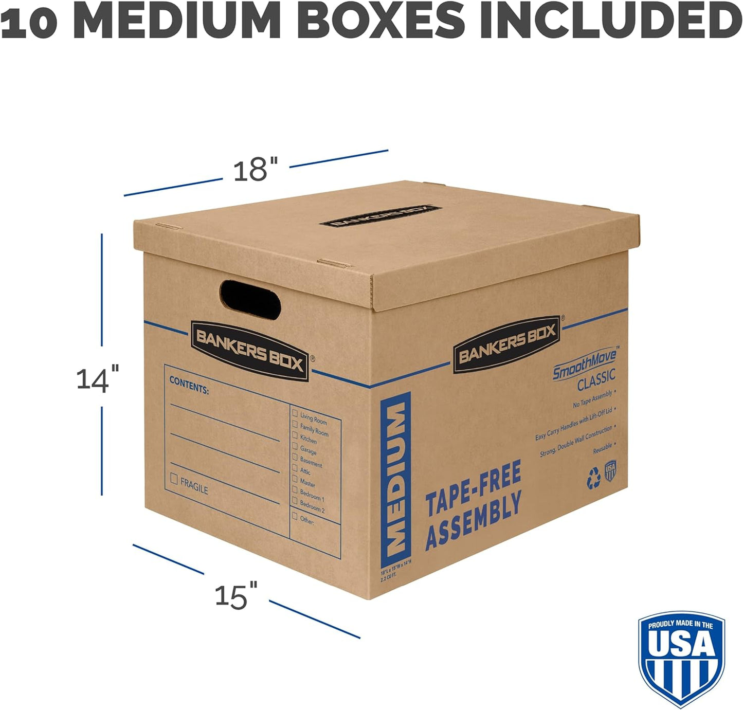 Bankers Box Medium Classic Moving Box 8 Pack, Reinforced Handles, Tape-Free Assembly, Box with Lid, 19-in x 14.5-in x 15.5-in (7717201)