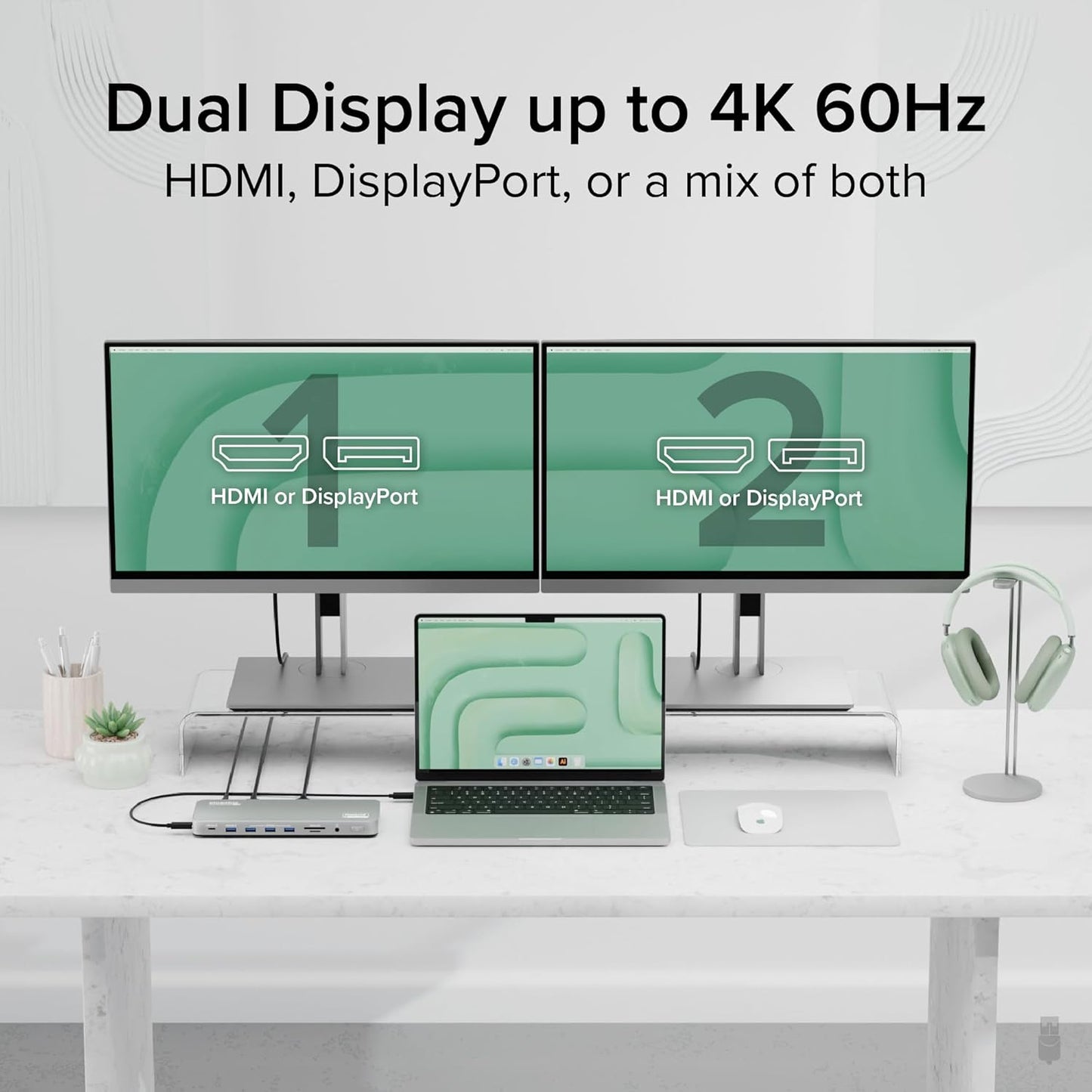 Plugable USB C Laptop Docking Station, Dual Monitor 4K 60Hz for Apple Mac M1/M2/M3, 2X HDMI or 2X DisplayPort, 100W Charging DisplayLink Dock, 2 Displays for MacBook, Driver Required (UD-6950PDH)