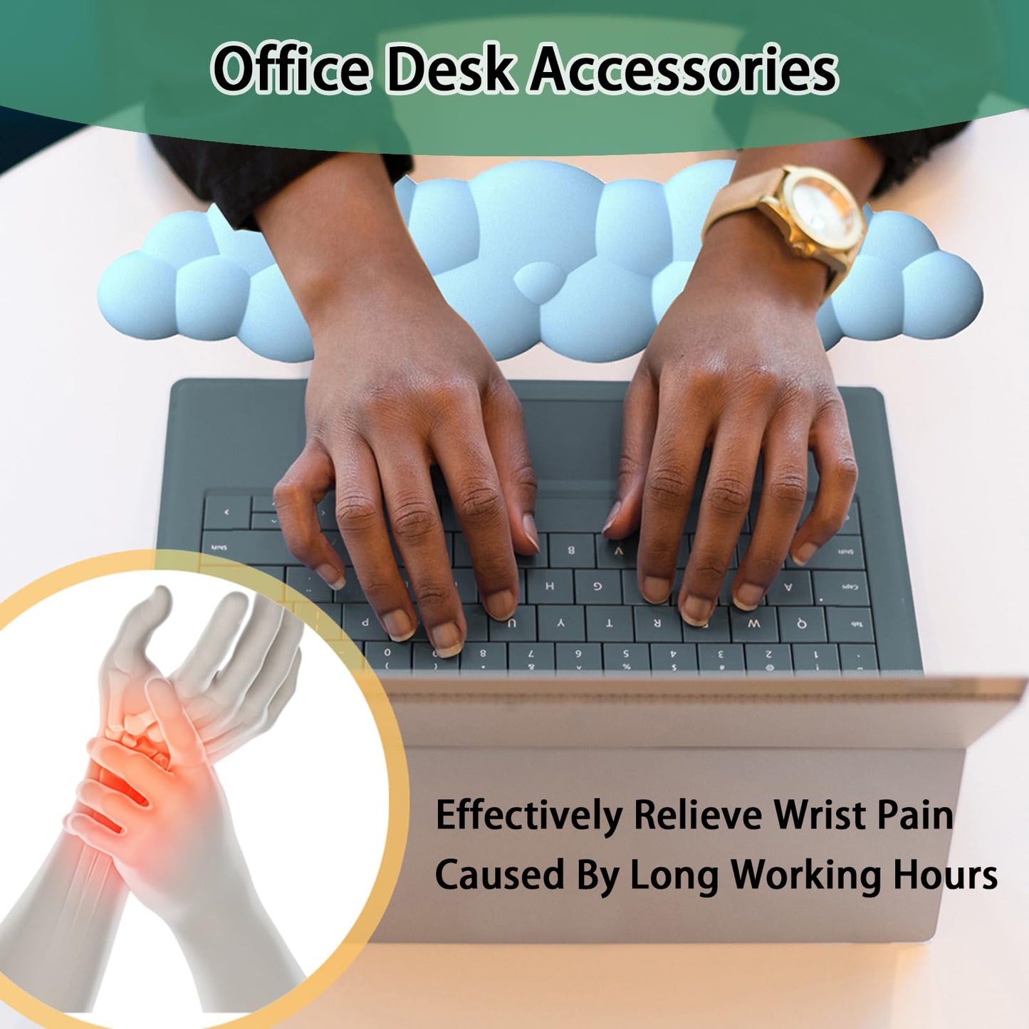 Keyboard Wrist Rest Pad, Ergonomic Design Effective Wrist Pain Relief Arm Rest Desk, Cute Cloud Decoration Gift for Office, Study, Computer Game Table Mouse Accessories (Green+White)