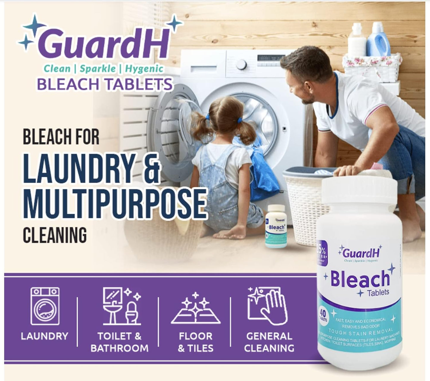 Bleach Tablets - 40 count. Bleach for laundry and multipurpose cleaning. Liquid bleach Alternative. Used for kitchen surfaces, bathroom tiles and toilet bowl cleaning.