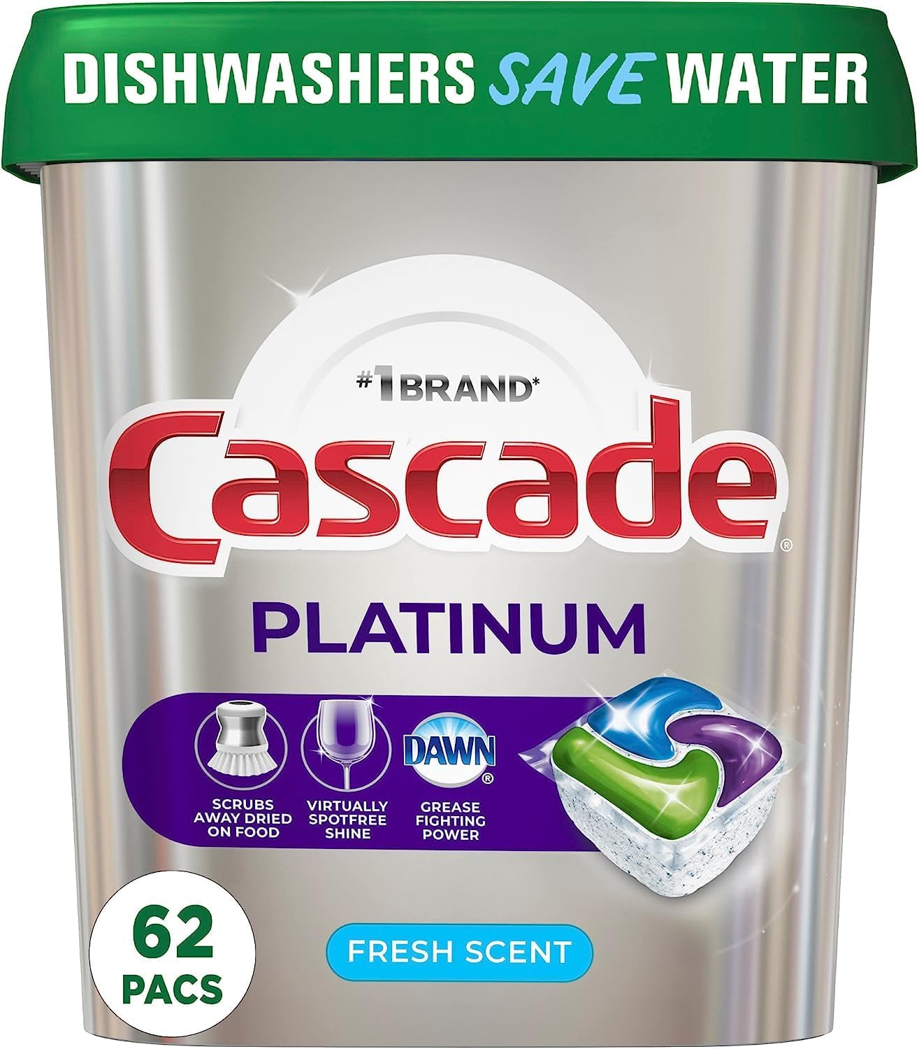 Cascade Platinum Dishwasher Pods, Detergent, Soap Pods, Actionpacs with Dishwasher Cleaner and Deodorizer Action, Fresh, 62 Count