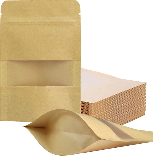 100 Pcs Resealable bags,3.5" x 5.5" Stand Up Kraft Paper Bags with Matte Window, Zip Lock Food Storage Bags for Packaging Products, Reusable, Sealable