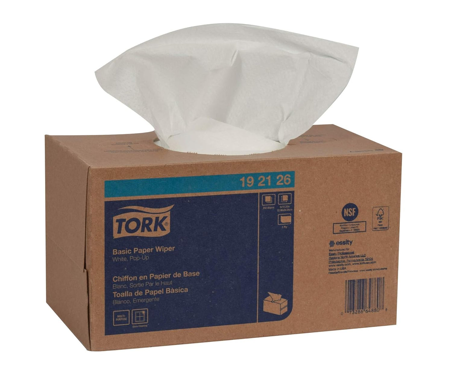 Tork 192126 Basic Wiper, Pop-Up Box, 1-Ply, 9" Width x 10.25" Length, White (Case of 24 Boxes, 250 per Box, 6,000 Towels per Case) Self-Dispensing Box