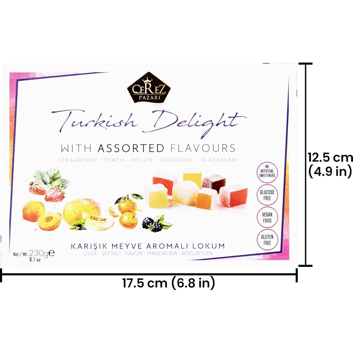 Cerez Pazari Turkish Delights Candy with Assorted Mix Flavours 8.1 Oz Vegan Fruit Snacks Gift Box | No Nuts Sweet Luxury Traditional Confectionery Lokum Loukoumi