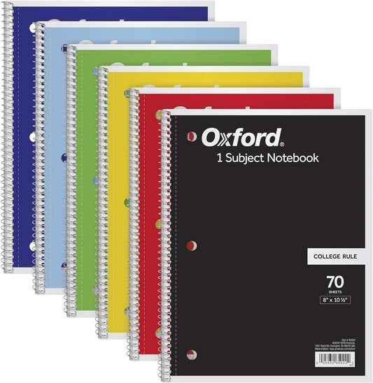 Oxford Spiral Notebook 6 Pack, 1 Subject, College Ruled Paper, 8 x 10-1/2 Inch, Color Assortment Design May Vary (65007)