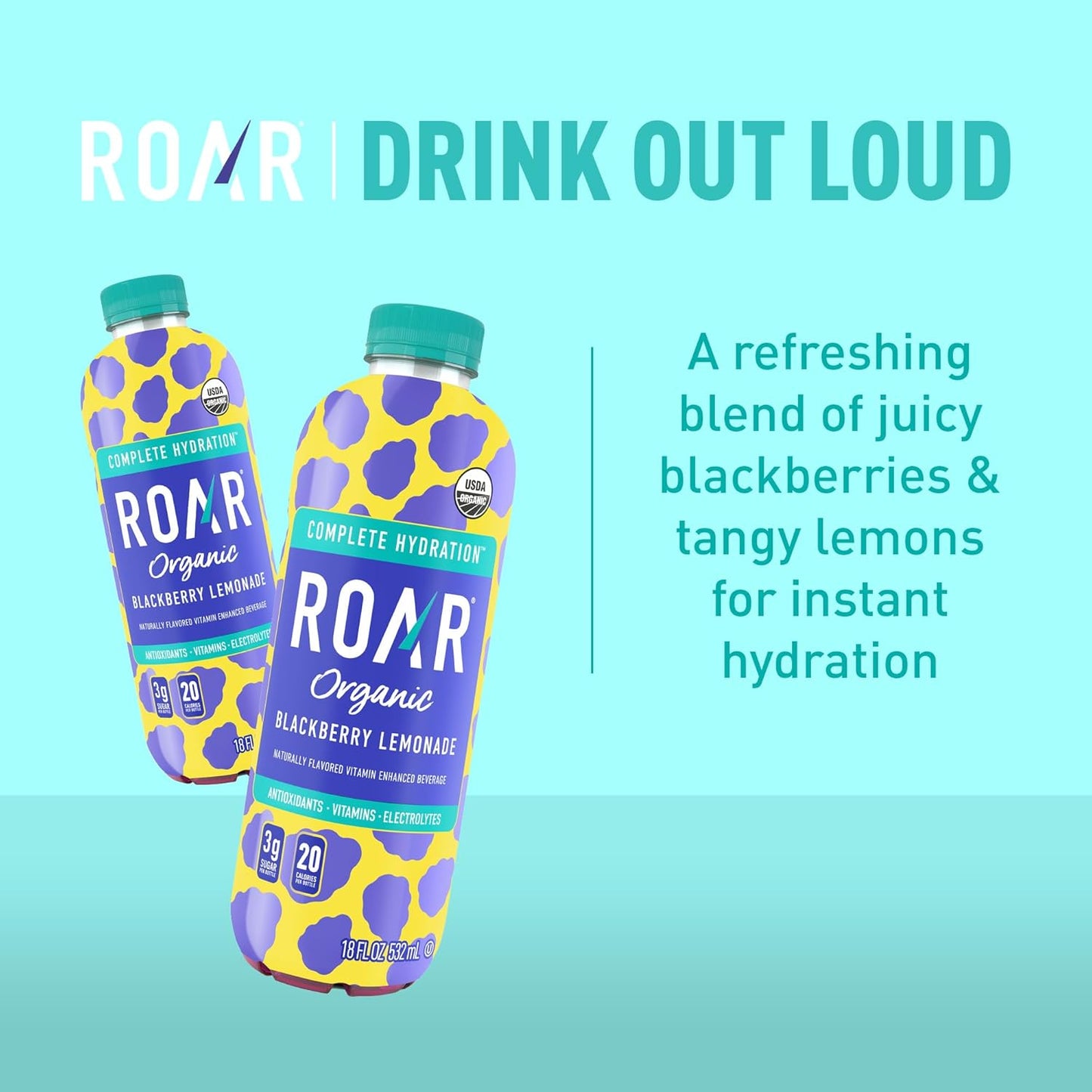 ROAR Complete Hydration Organic - Electrolyte Drinks Loaded with Vitamins C, B5, B12 - Non-GMO, Gluten-Free - Blackberry Lemonade - 12 pc