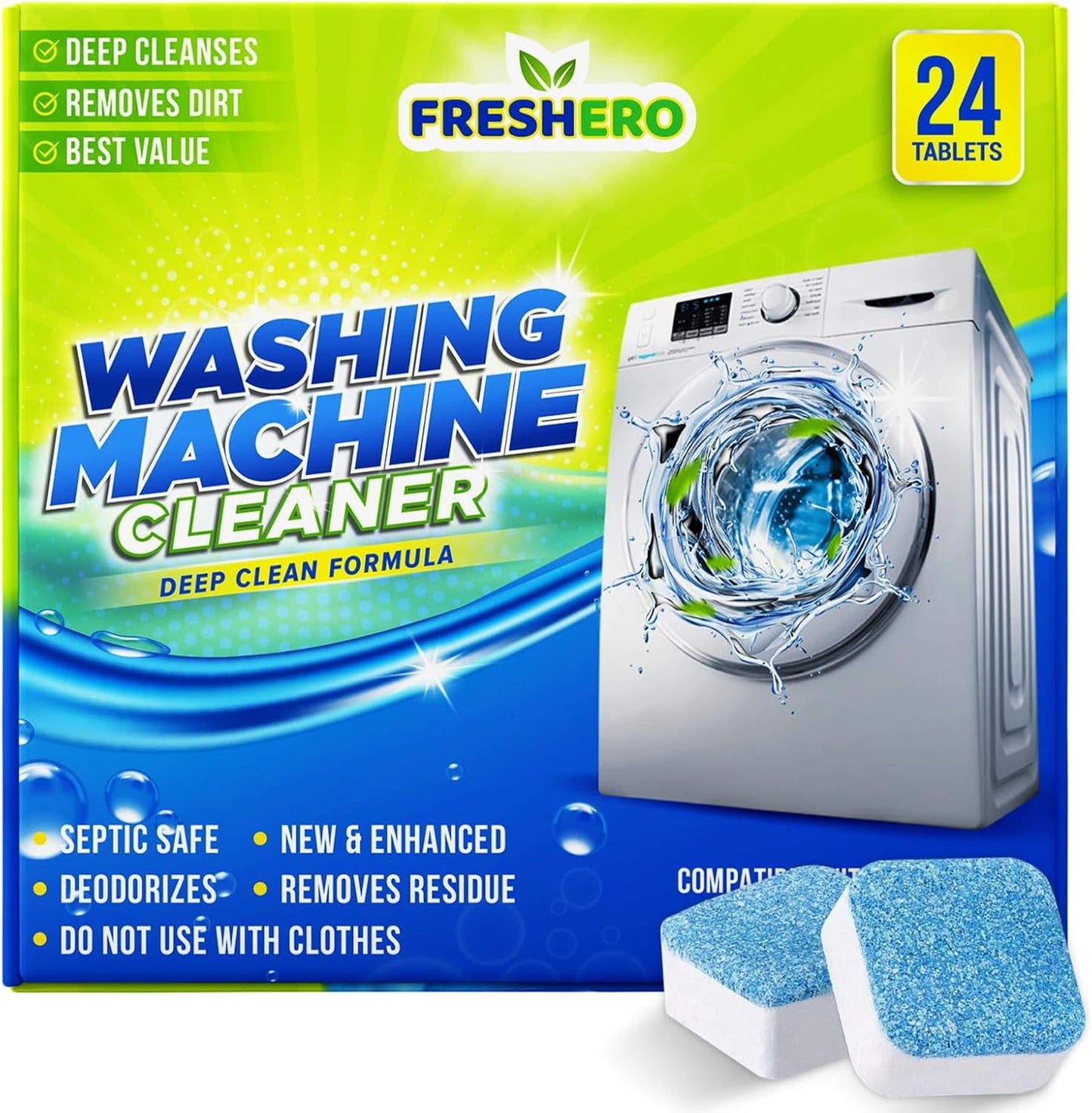 Washing Machine Cleaner Tablets [24-Pack] – Powerfully deep clean, descale, & deodorize. Effortlessly remove grime and odors leaving your washer fresh. Compatible with front/top loaders & HE machines.