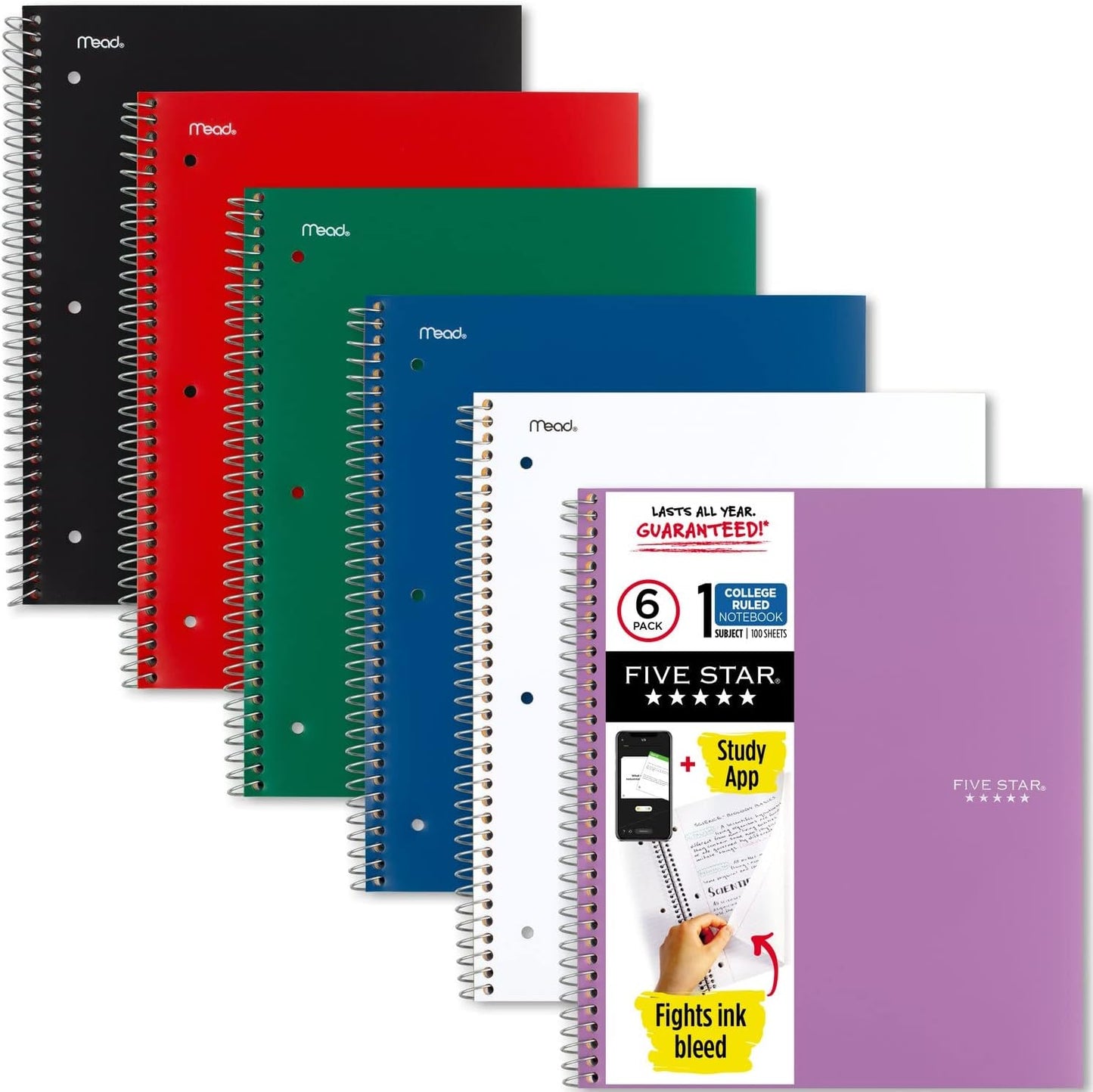 Five Star Spiral Notebook + Study App, 6 Pack, 1 Subject, College Ruled Paper, 8-1/2" x 11", 100 Sheets, Fights Ink Bleed, Water Resistant Cover, Black, Red, Blue, Green, White, Purple (38052)