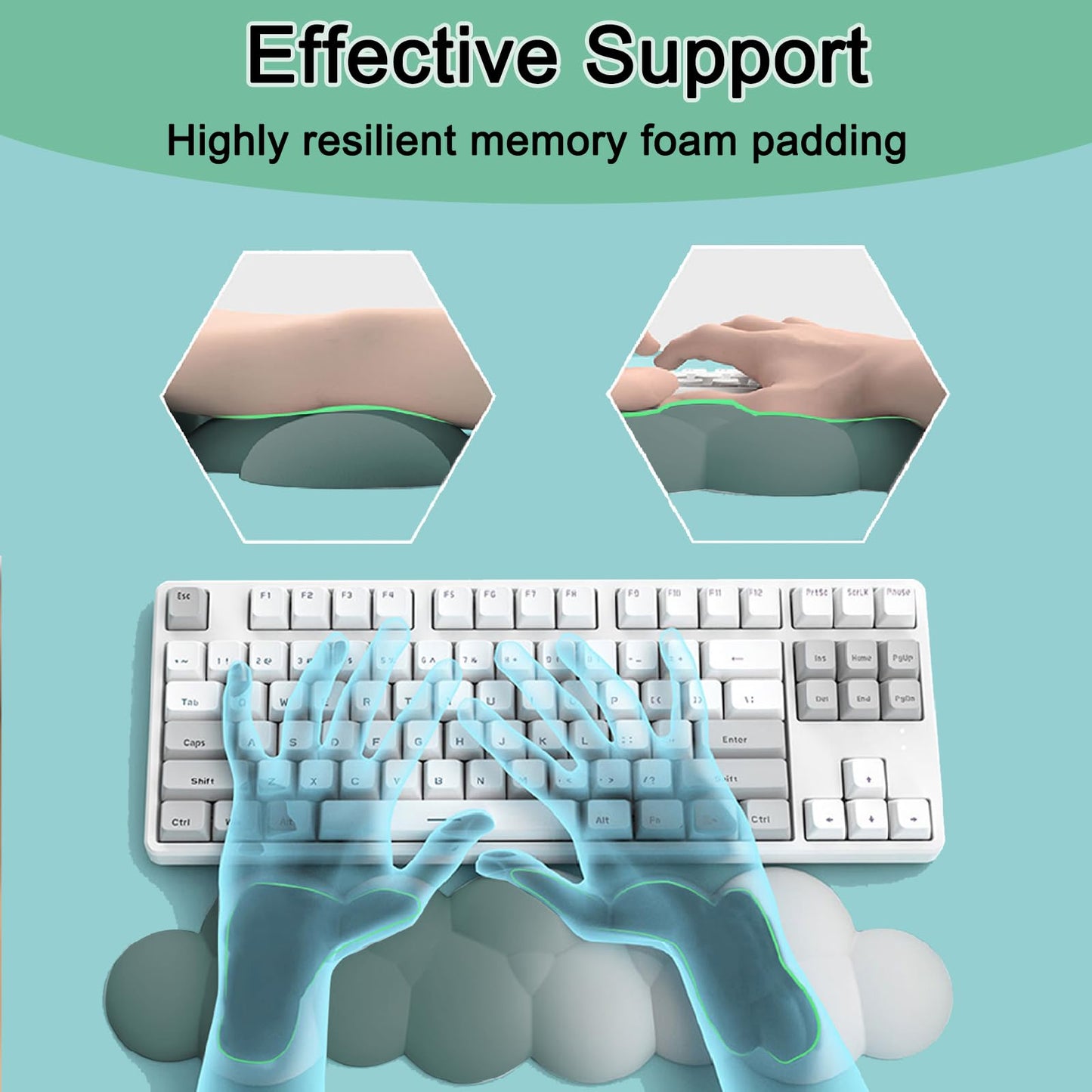 Keyboard Wrist Rest Pad, Ergonomic Design Effective Wrist Pain Relief Arm Rest Desk, Cute Cloud Decoration Gift for Office, Study, Computer Game Table Mouse Accessories (Green+White)