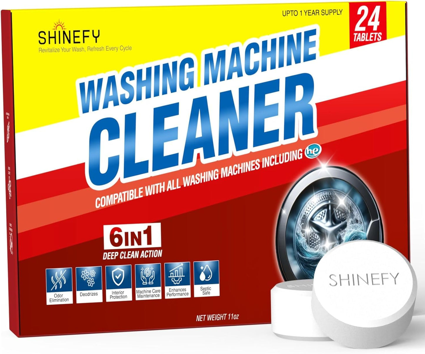 Washing Machine Cleaner Tablets - 24-Pack, 6-in-1 Formula for Top Loader, Front Loader & HE Washers - Deep Clean, Deodorize & Protect - Safe for Septic Systems