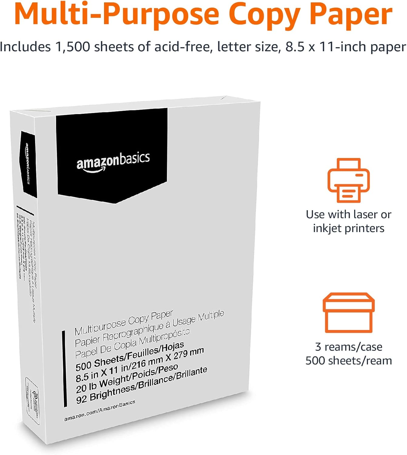 Amazon Basics Multipurpose Copy Printer Paper, 8.5" x 11", 20 lb, 3 Reams, 1500 Sheets, 92 Bright, White