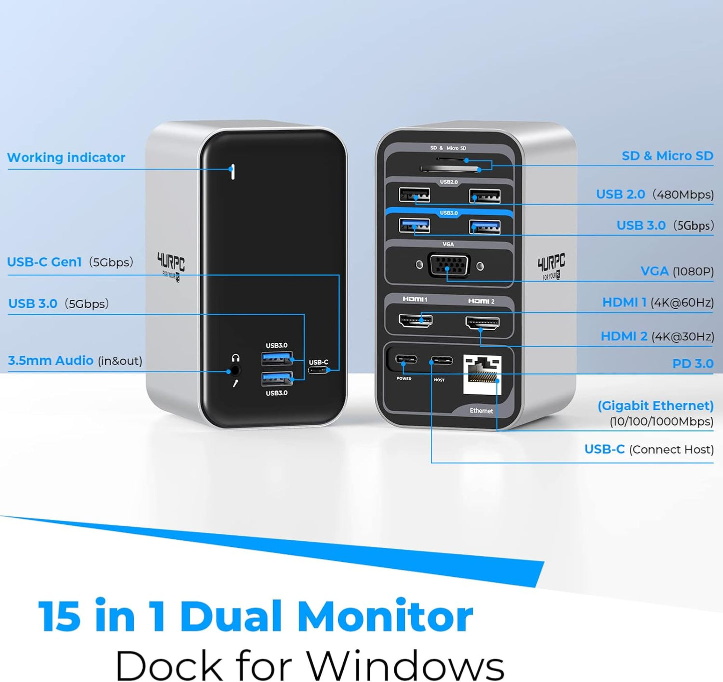 USB C Docking Station Dual Monitor,4URPC 15 in 1 Laptop Docking Station Dual HDMI, VGA, USB C Dock with 65W Power Delivery, 7 USB Ports, Gigabit Ethernet, SD/TF for Dell HP Lenovo, Plug and Play