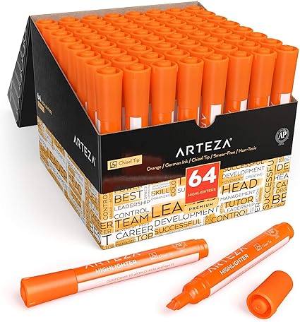 Arteza Orange Highlighters, Bulk Set of 64, Wide Chisel Tips, Colored Highlighter Markers, Office Supplies for Home, Schools, Classrooms, Students, Journaling