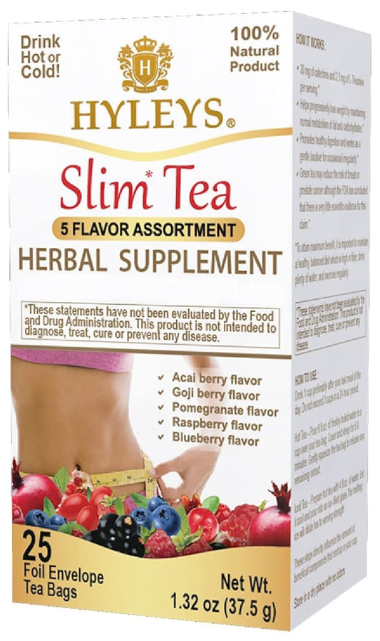 Hyleys Slim Tea 5 Flavor Assortment with Green Tea & Senna - Herbal Weight Loss Detox Cleanse Supplement for Belly Fat, Bloating & Metabolism Boost - 25 Tea Bags (1 Pack)