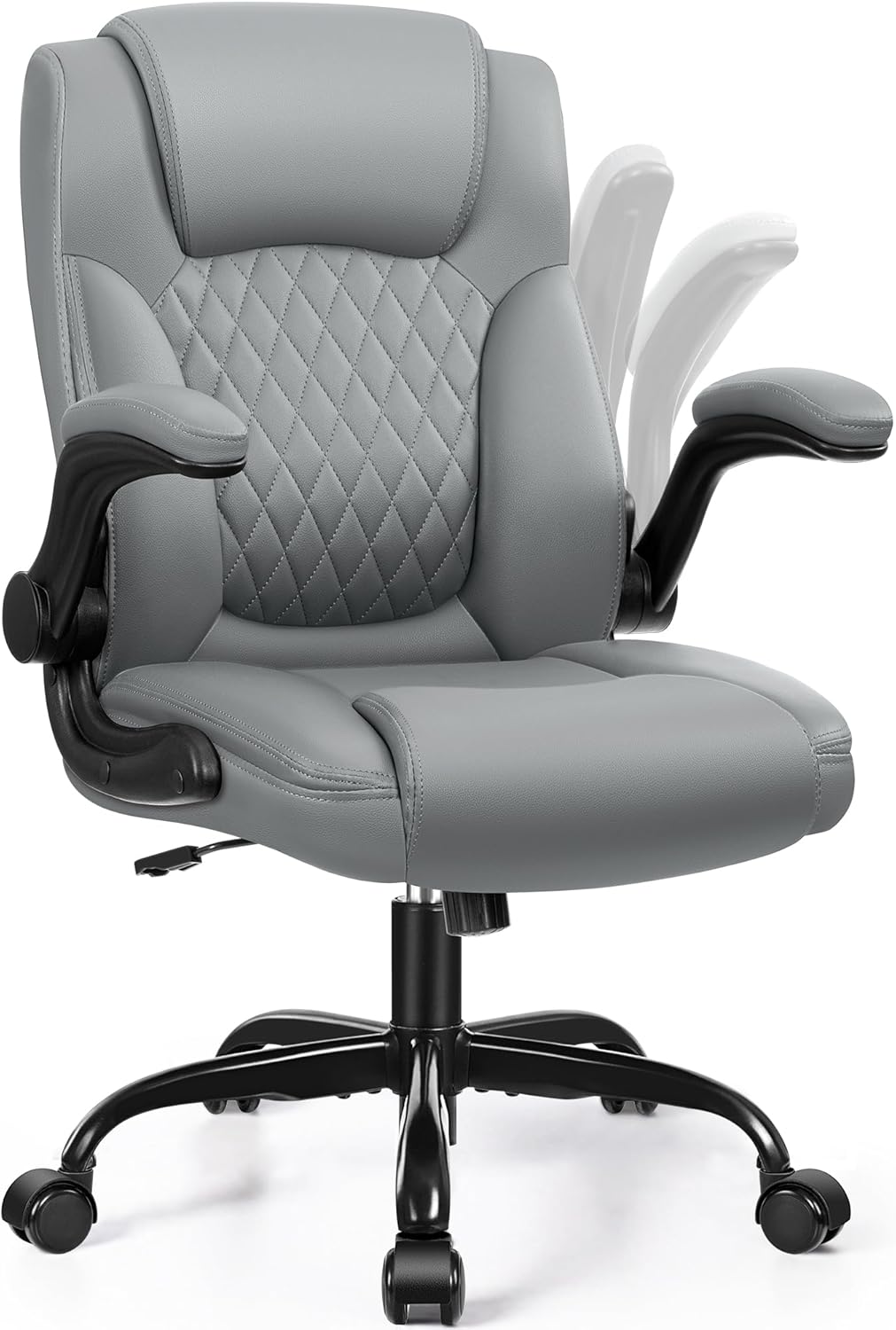 Leather Office Chair, PU Home Computer Desk Chairs with Ergonomic Back Support, 360°Swivel Free，Small Gmaing Chair with Wheels and Adjustable Armrests, for Short People Use, Gray