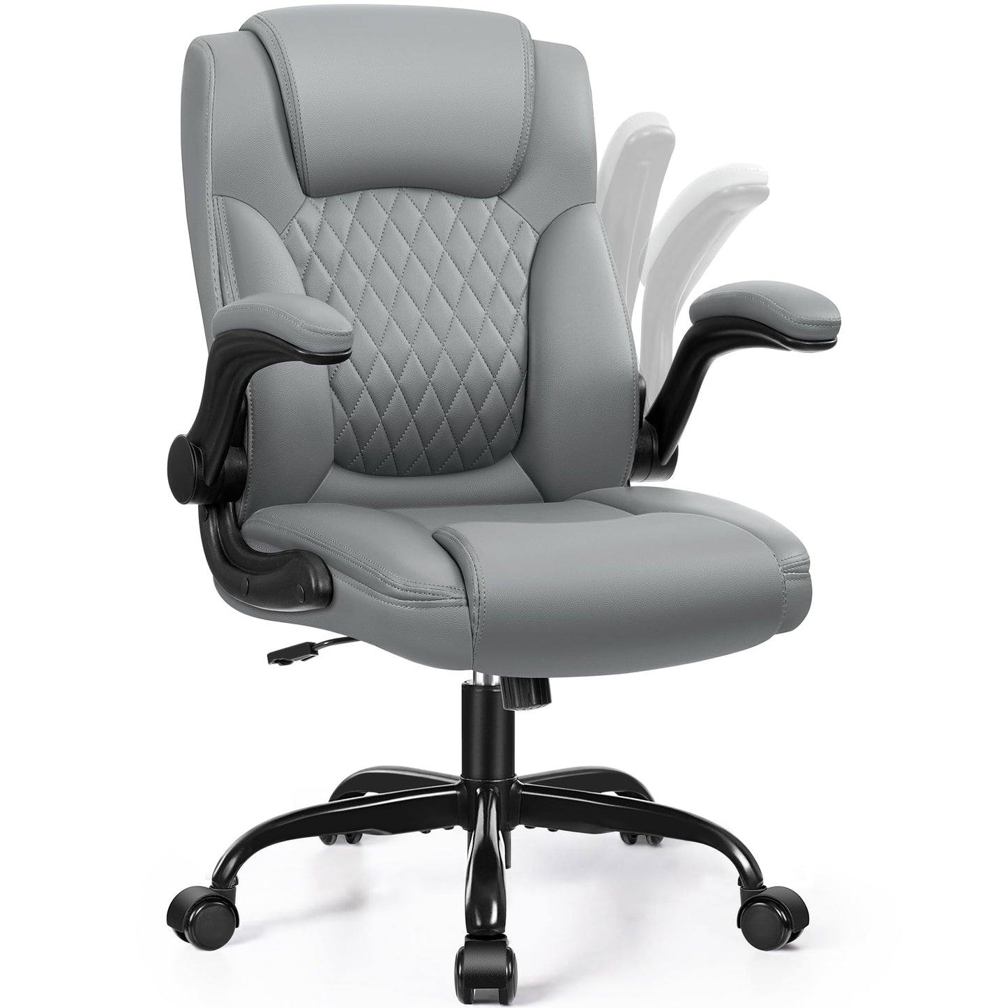 Leather Office Chair, PU Home Computer Desk Chairs with Ergonomic Back Support, 360°Swivel Free，Small Gmaing Chair with Wheels and Adjustable Armrests, for Short People Use, Gray