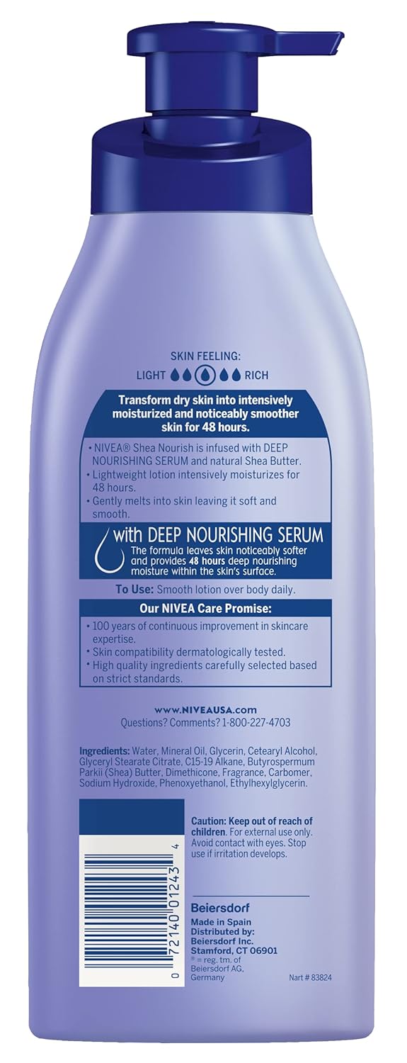 NIVEA Shea Nourish Body Lotion, Dry Skin Lotion with Shea Butter, Moisturizing Lotion for Dry Skin, 16.9 Fl Oz Pump Bottle