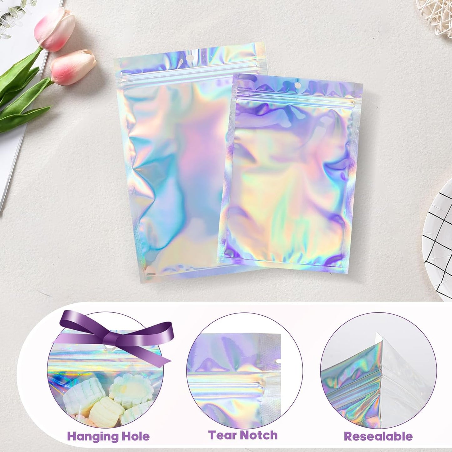 100Pcs Holographic Packaging Bags, 3x4 inch Resealable Foil Pouch Mylar Sample Bag Great for Small Business and Party Favor Food Storage……