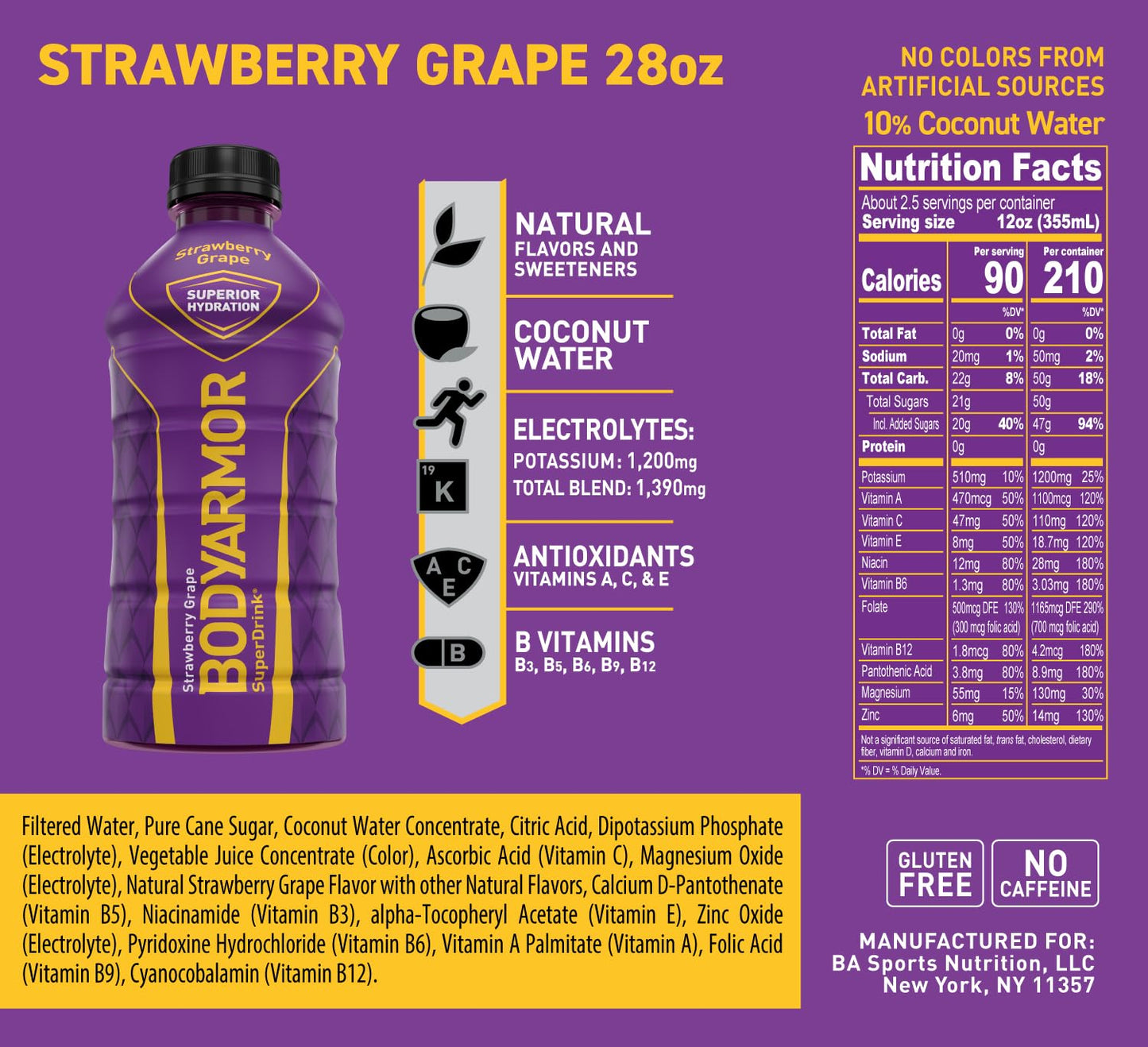 BODYARMOR Sports Drink Sports Beverage, Strawberry Grape, Coconut Water Hydration, Natural Flavors With Vitamins, Potassium-Packed Electrolytes, Perfect For Athletes, 28 Fl Oz (Pack of 12)