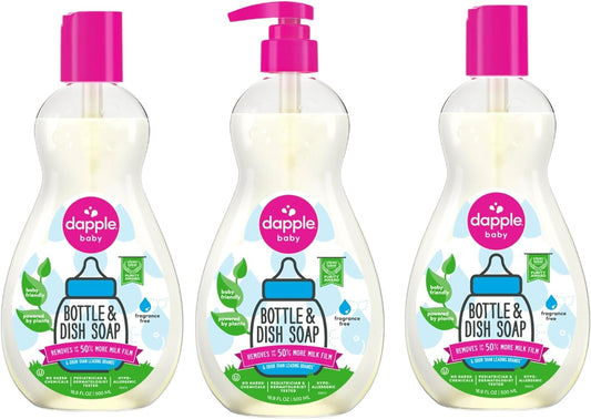 Dapple Baby Bottle Soap, Hypoallergenic Dish Soap for Baby Bottles, Powered by Plants, 1 Pump Included, Packaging May Vary, Fragrance Free, 16.9 Fl Oz (Pack of 3)