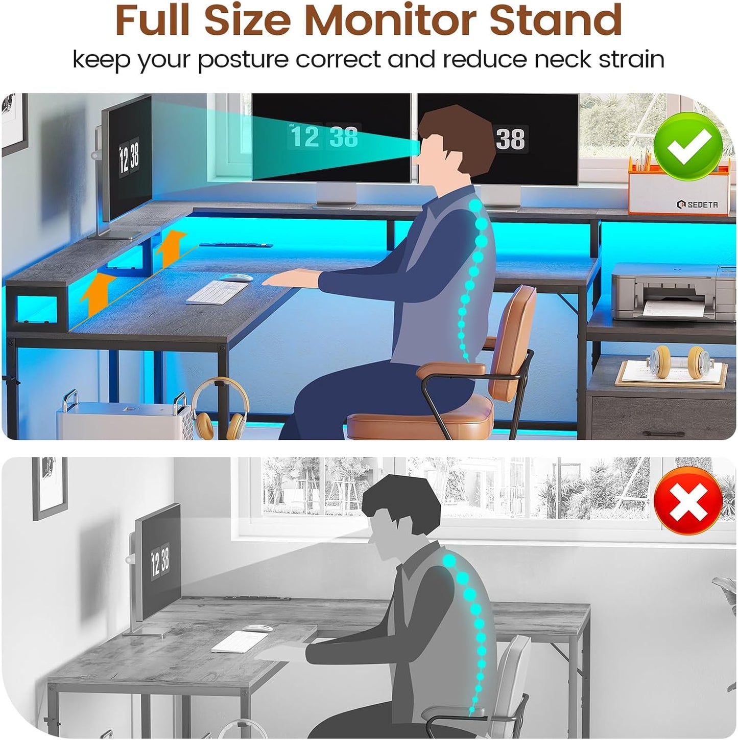 SEDETA L Shaped Office Desk, 66" Home Office Desk with File Drawer & Power Outlet, Gaming Desk with Led Lights, Corner Computer Desk with Monitor Shelf, Printer Storage Shelves, Two Person Desk, Grey