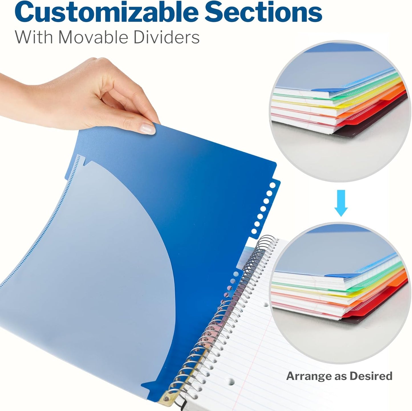 CRANBURY 5-Subject Notebook College Ruled, Movable Pocket Dividers, 200 Sheets (400 Pages) 8.5x11 College Rule Paper, 8.5 x 11 Spiral Notebook with Tabs, 2 Plastic Covers, Multi Subject Notebook