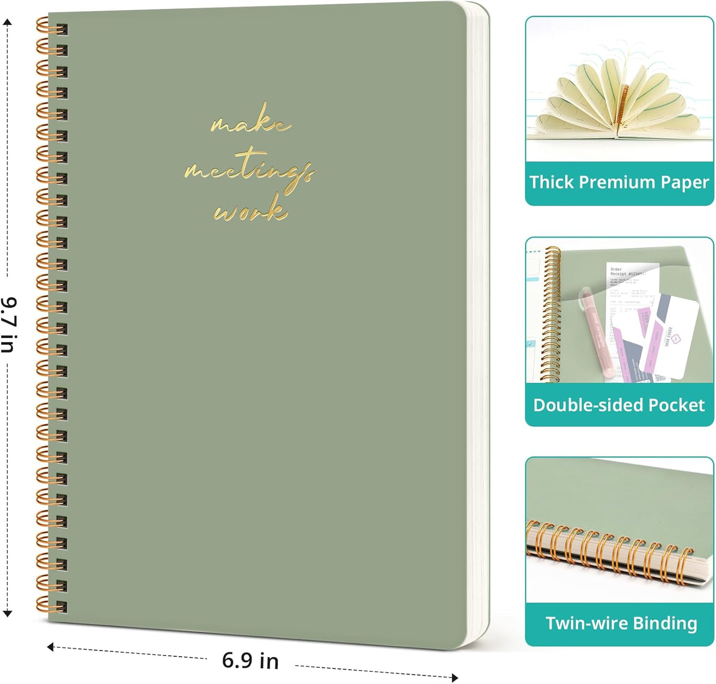 Taja Meeting Notebook for Work Organization - Work notebook with action items, Meeting Minutes Planner Notebook, Perfect Office Supplies for Men & Women - Green