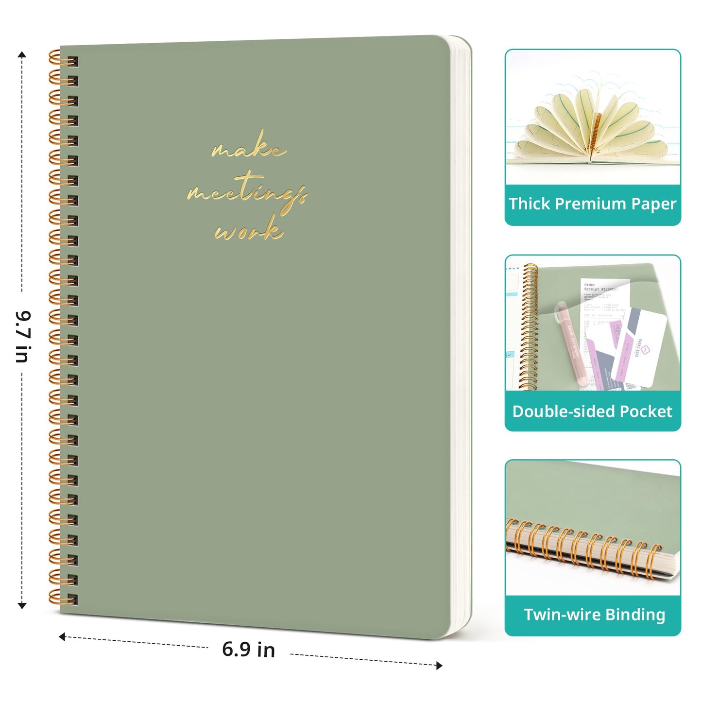 Taja Meeting Notebook for Work Organization - Work notebook with action items, Meeting Minutes Planner Notebook, Perfect Office Supplies for Men & Women - Green